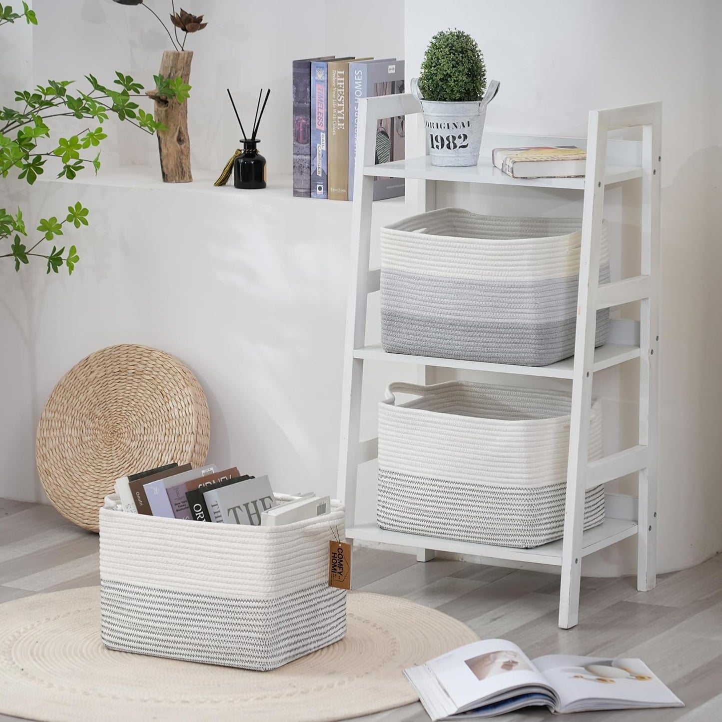 COMFY-HOMI 3 Pack Cotton Rope Square Basket with Handles - Storage & Organizer (White/Black Line, 13.5" x 11" x 9.5")