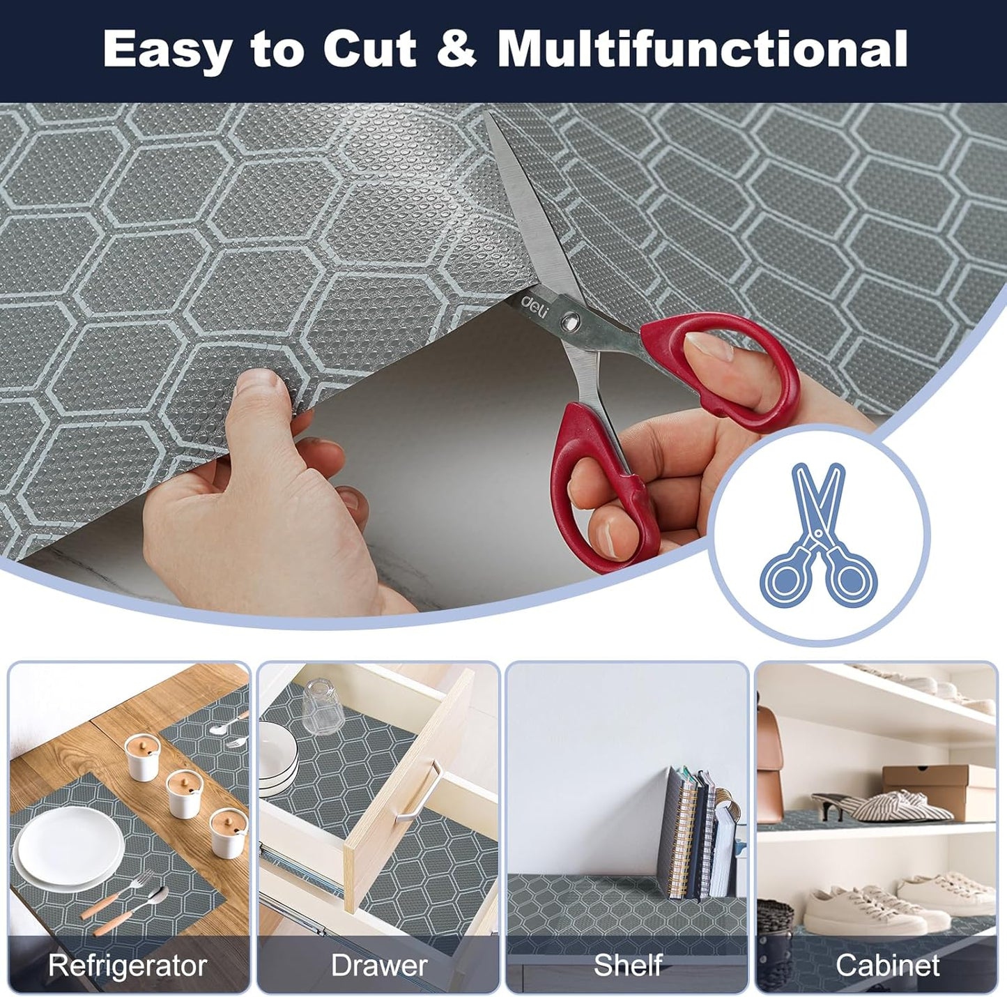 Non-Adhesive Shelf Liner Roll - Waterproof No-Slip Drawer & Cabinet Mat for Kitchen, Refrigerator, Bathroom, Easy to Cut EVA Drawer & Shelf Liners, 12" x 118", Grey