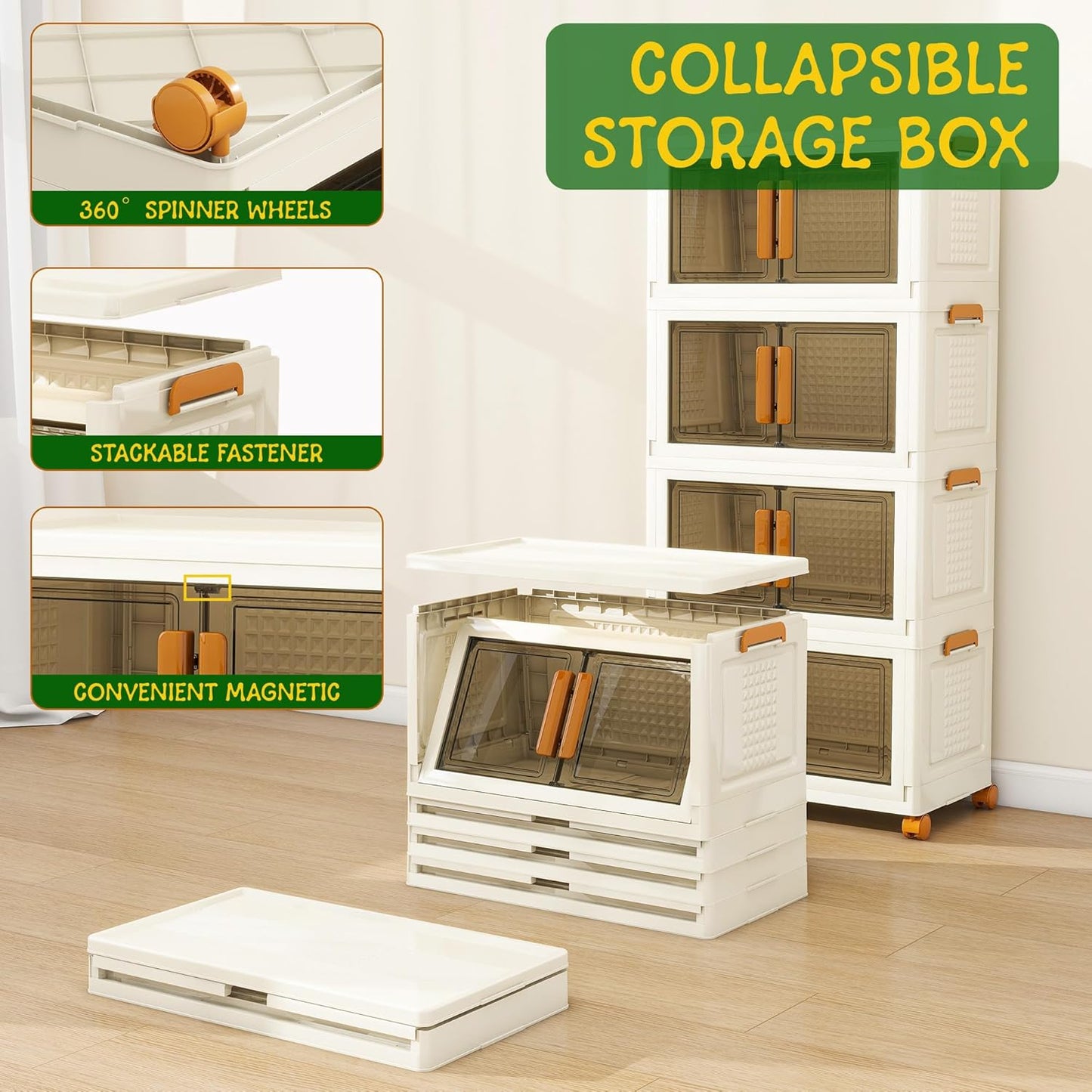 4 Tier Stackable Plastic Storage Bins with 1 Lid 45 QT/Tier, Collapsible Plastic Box Storage Bin with Wheels, Home Containers Boxes Closet Organizers for Living Room, Office, Dorm