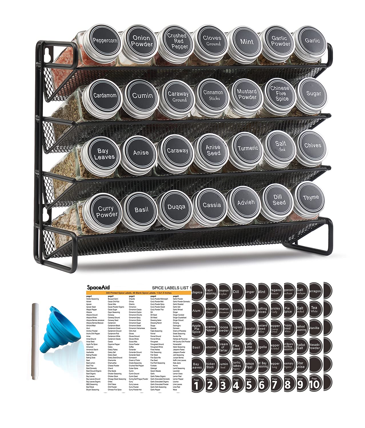 SpaceAid Spice Rack Organizer with 28 Spice Jars, 386 Spice Labels, Chalk Marker and Funnel Set for