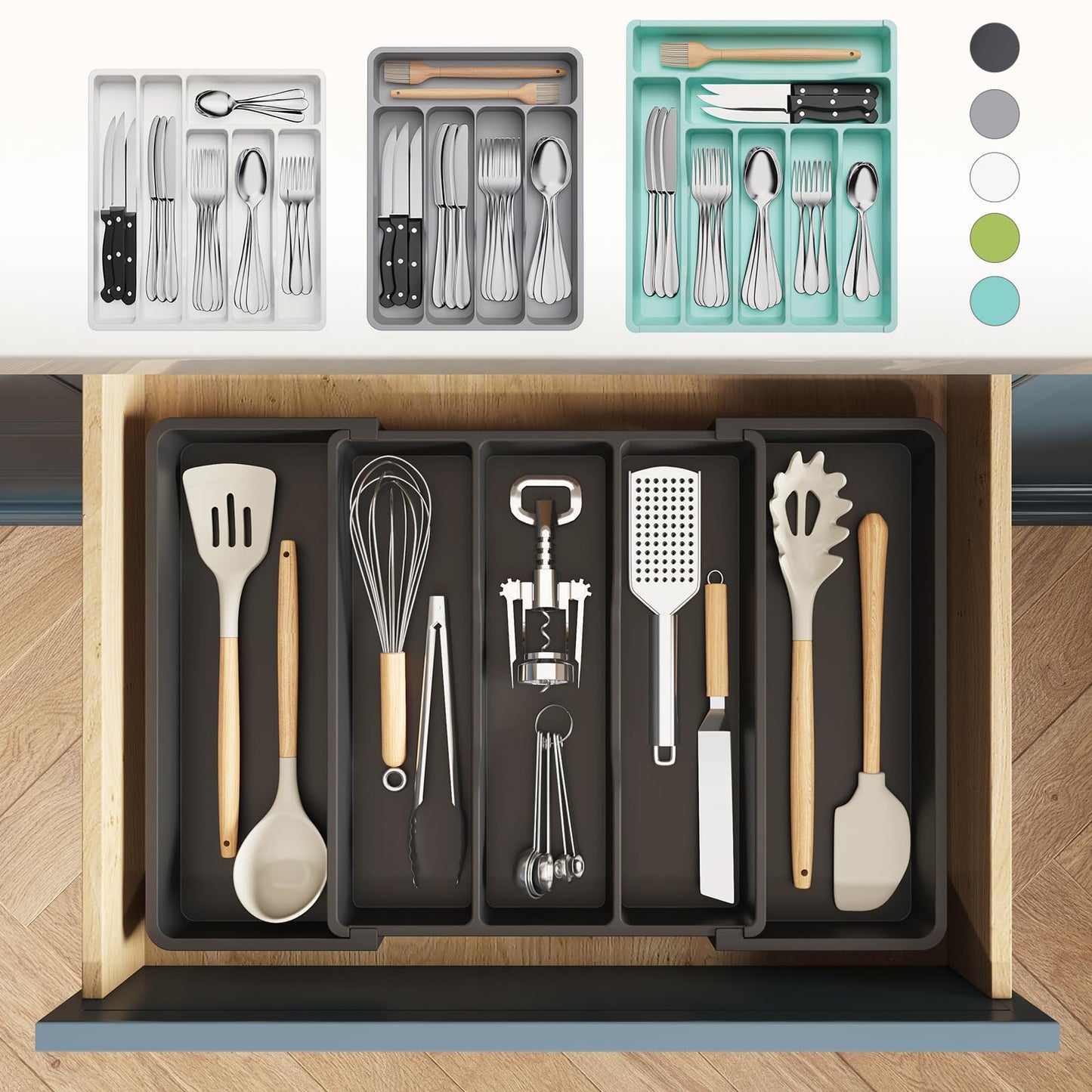 Lifewit Utensil Organizer for Kitchen Drawers, Expandable Cooking Utensil Tray, Adjustable Cutlery