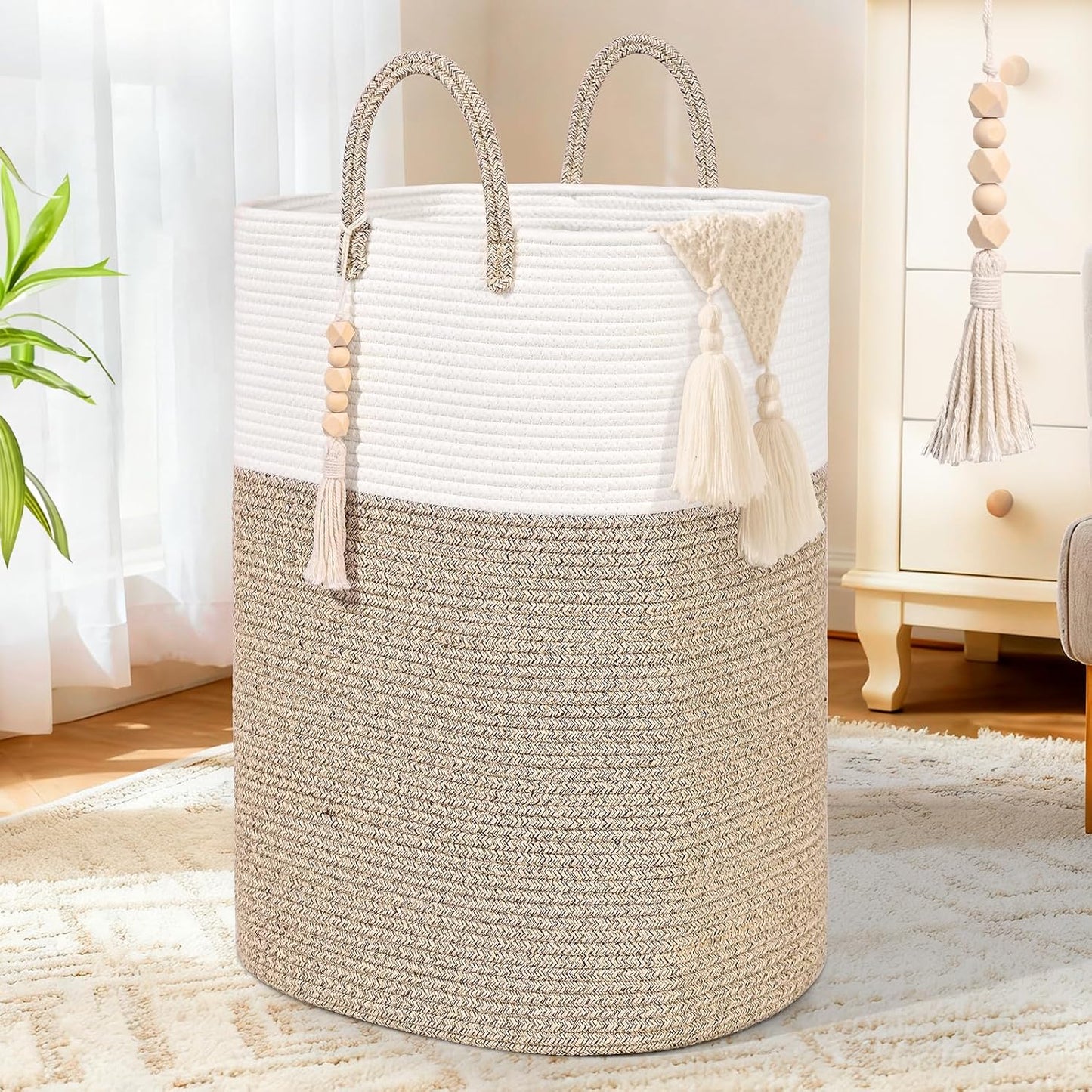 Woven Laundry Basket for Clothes, 80L Large Rectangle Laundry Hampers with Beads Tassel, Nursery Storage Basket for Toys, Tall Dirty Clothes Hamper for Bedroom Aesthetic, Laundry Room Organization