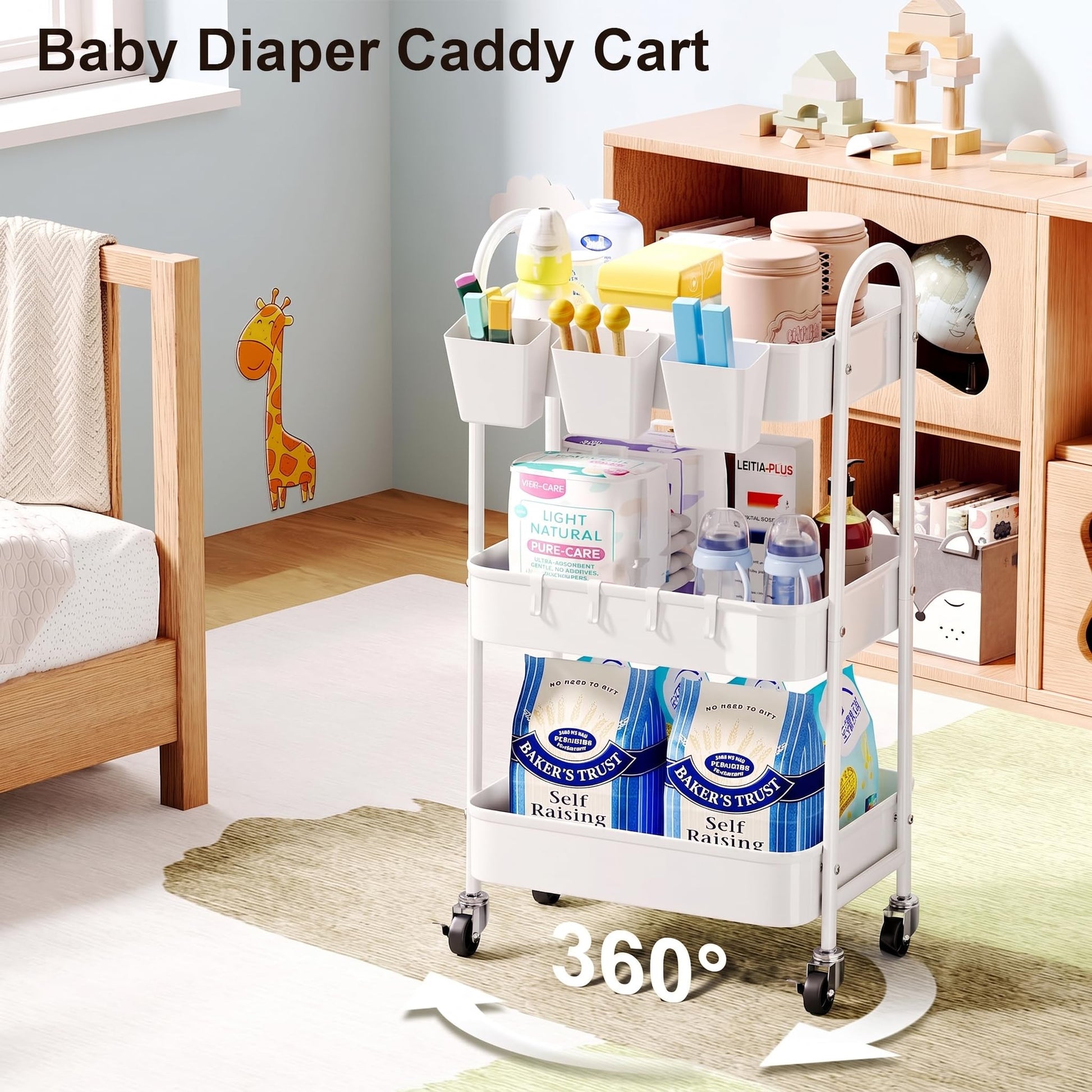 3 Tier Heavy Duty White Metal Rolling Cart with Lockable Wheels, Three Tier Roller Book Snack Cart