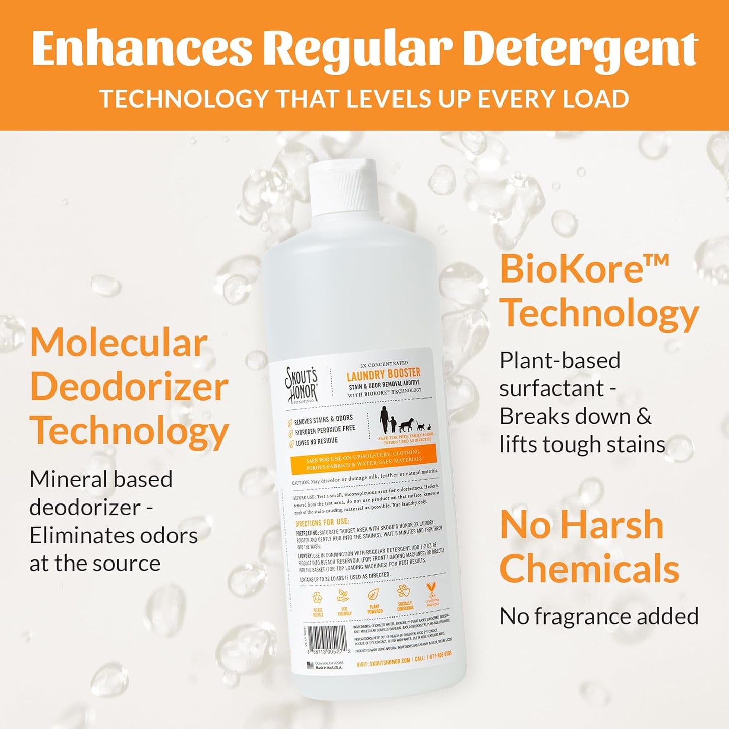 Skout's Honor Laundry Booster Stain & Odor Removal Additive - Plant-Powered Formula for Pet Bedding, Clothing, and Washable Pee Pads - Eco-Friendly & Cruelty-Free, 32 oz