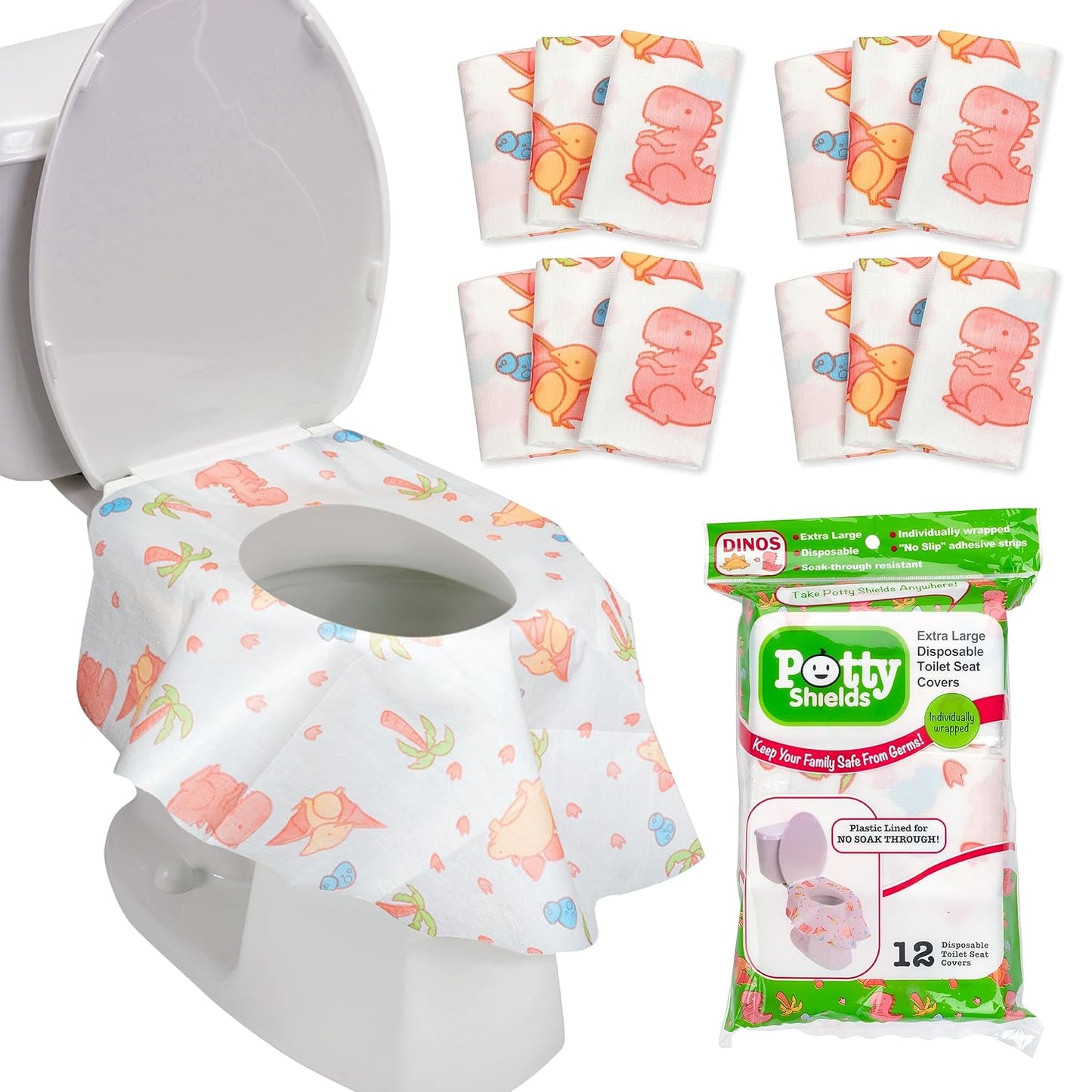 Toilet Seat Covers Disposable (12 pk, Dinosaurs) - XL Waterproof Toilet Cover for Toddlers, Kids & Adults - Portable & Individually Wrapped for Travel, Potty Training, Public Restrooms