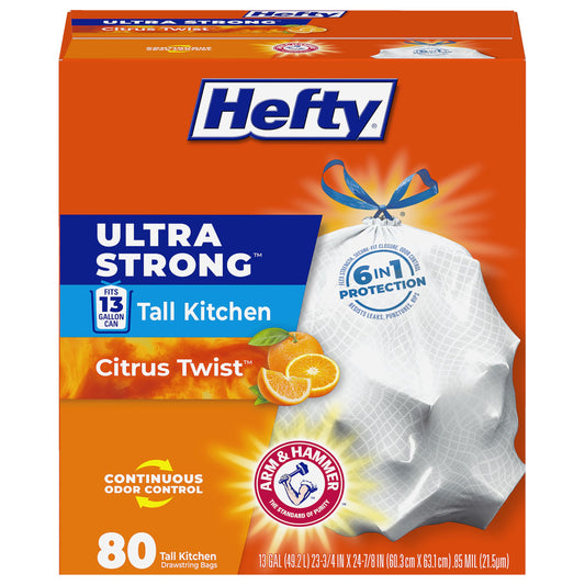 Hefty Ultra Strong 13 Gal Kitchen Trash Bags, White, Citrus Twist, 80ct