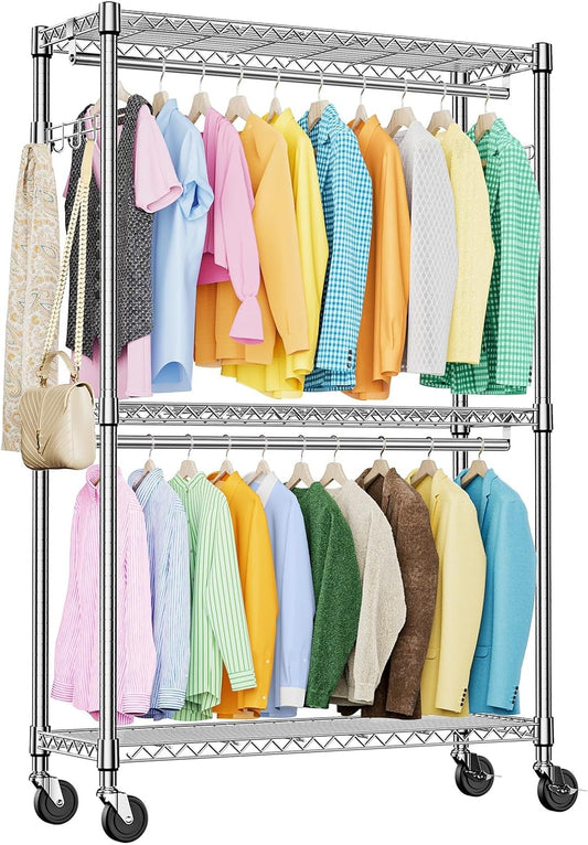 IZEUK 3-Tier Heavy Duty Rolling Garment Rack, Chrome Metal Freestanding Closet Wardrobe Rack with Double Rods and Side Hooks, 15.7" D x 45.3" W x 79.6" H