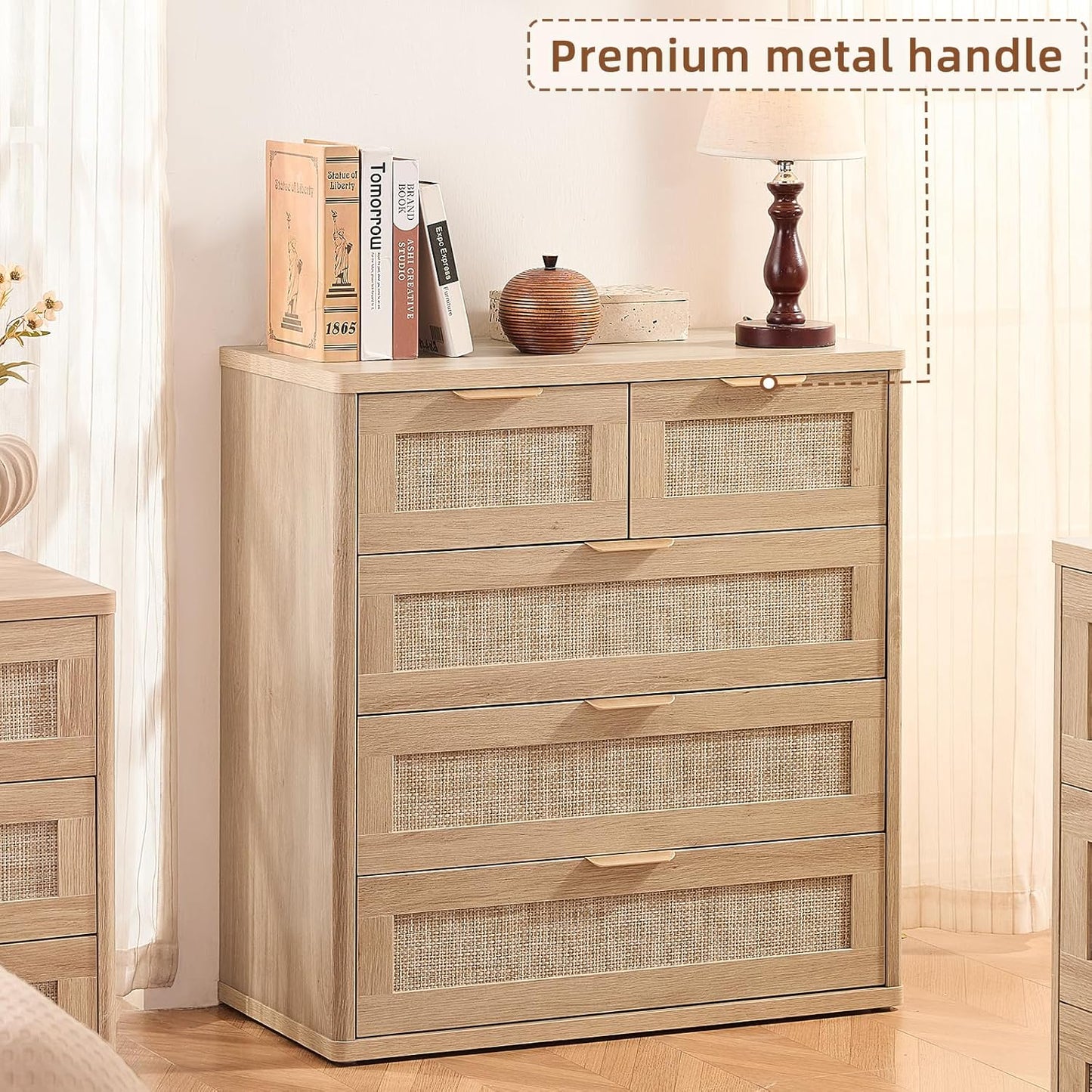 LEYAOYAO Rattan Dresser for Bedroom, 33.5" Tall Chest of Drawers, Modern 5 Drawers Boho Dressers with Storage, Light Oak Dresser Wooden Closet Organizer for Living Room, Hallway, Natural Wood