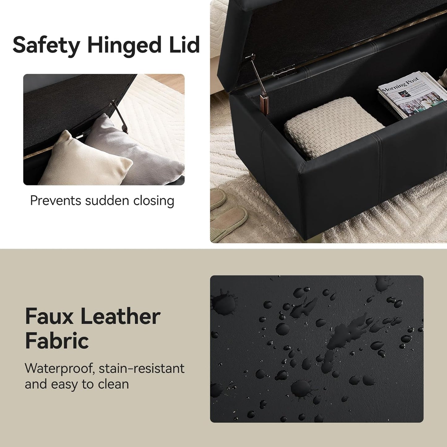 51" Faux Leather Storage Ottoman, Stitch Tufted Rectangle Upholstered End of Bed Storage Bench, Entryway Large Couch Ottoman with Wooden Legs, Dark Black