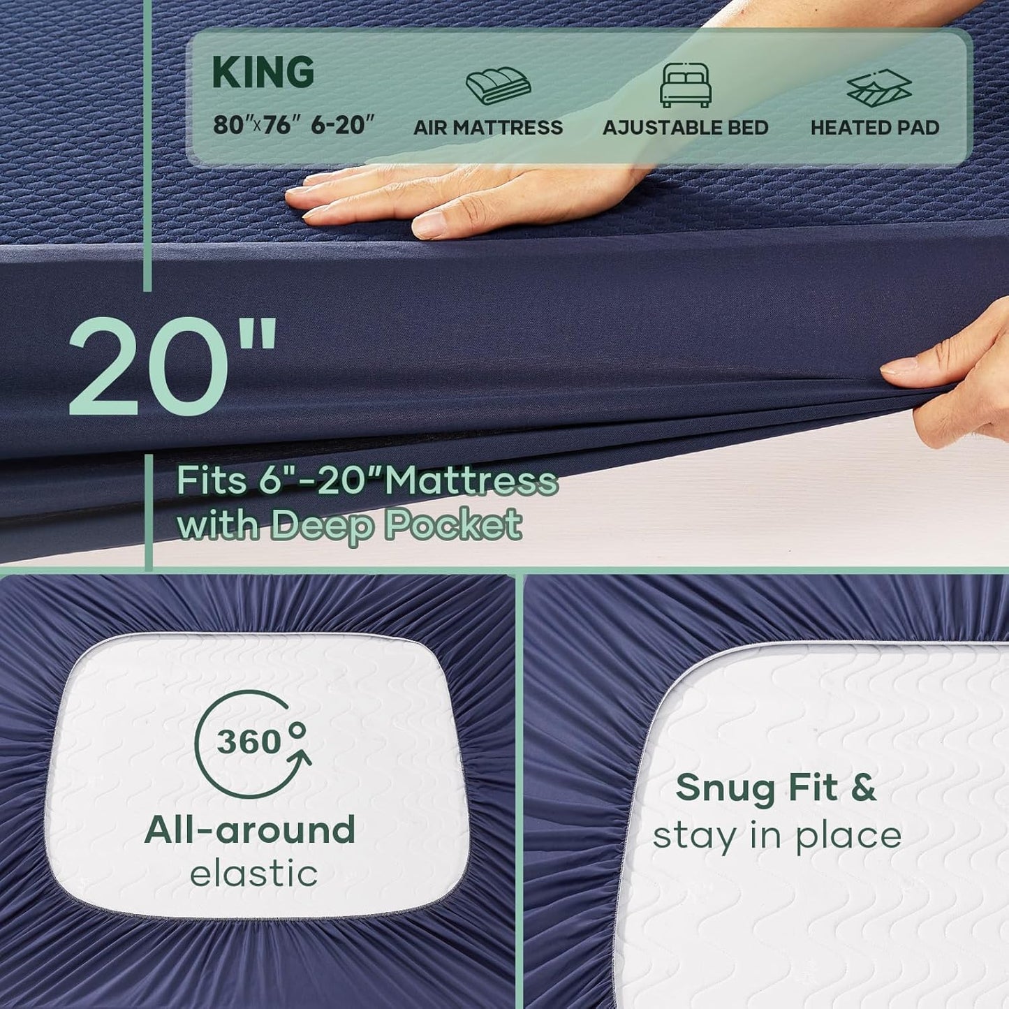 OhGeni 100% Waterproof Mattress Protector, King Size Mattress Pad, Fits 6"-20" Mattresses with Deep Pocket, Cooling, Breathable Fitted Sheets, Soft Bed Cover, Noiseless, Machine Washable(Navy Blue)