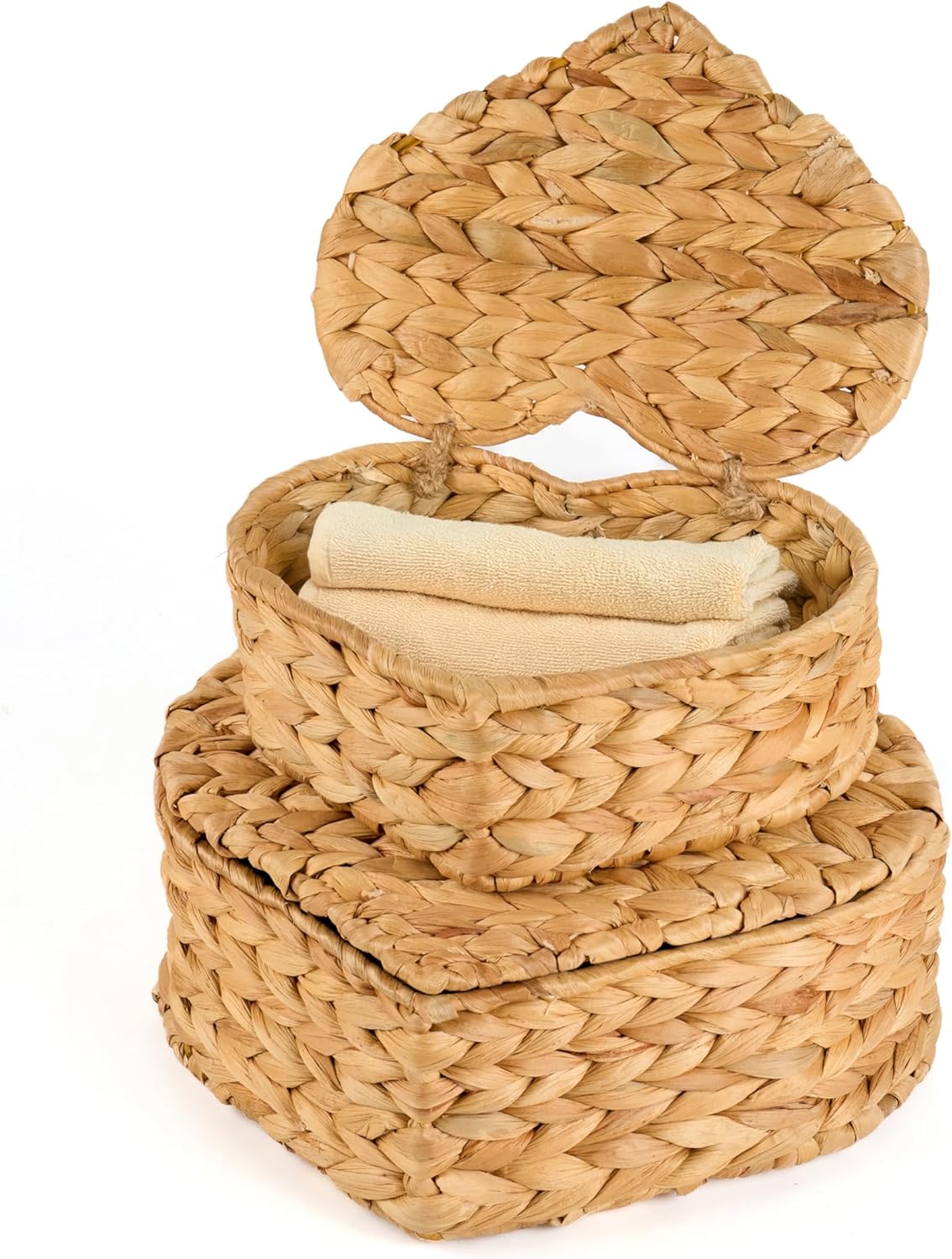 Set of 2 Heart Wicker Storage Bins with Lid, Small Rattan Basket Decorative Boxes, Multipurpose Organizer Display Boxes for Shelf Organizer, Boho Rattan Box for Home Decoration