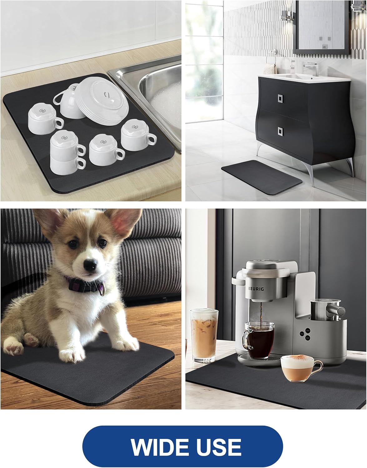 Dish Drying Mat for Kitchen Counter, 12"x19" Dish Drying Pad with Non-slip Rubber Backed, Hide Stain Anti Absorbent for Kitchen Counter, Drying Mat for Coffee Machine Dish Rack (Black)