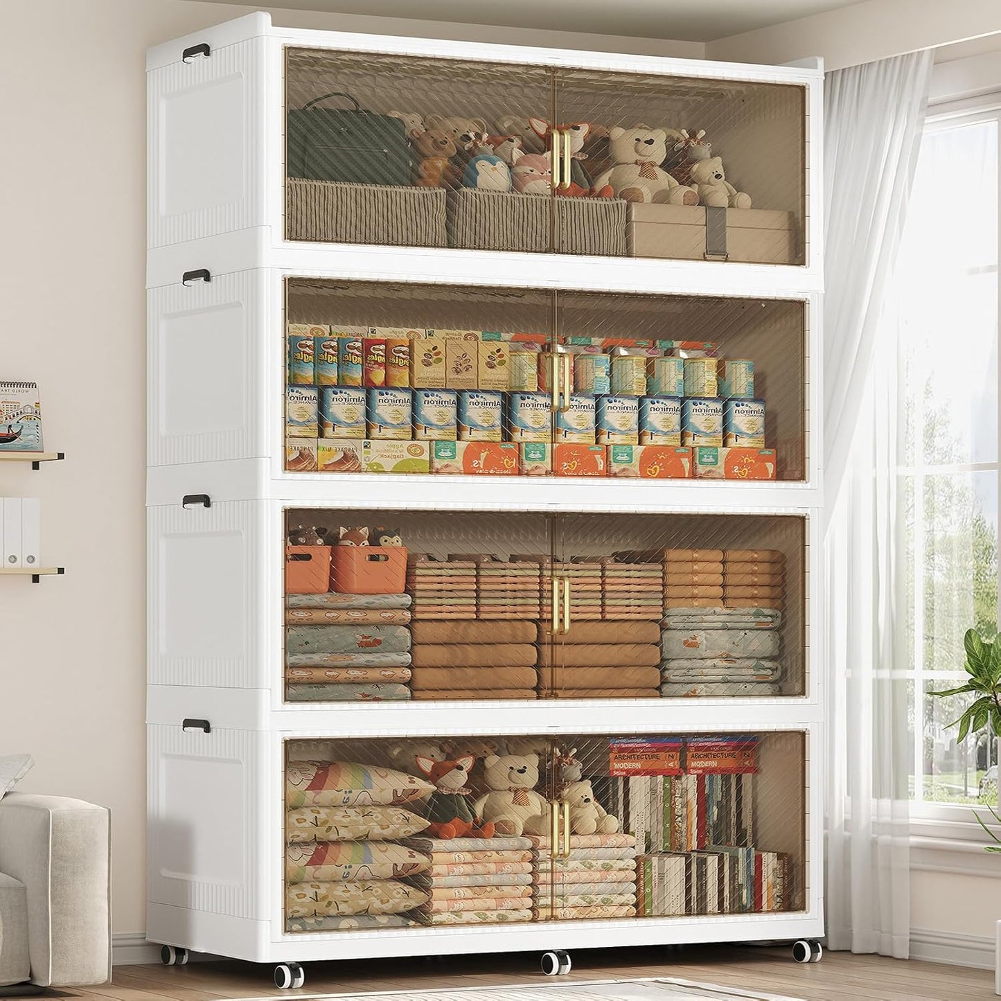 320GAL Extra Large Storage Bins with Lid, 1280QT Collapsible Organizer with Wheels, Stackable Closet Cabinet with Doors, Folding Storage Containers for Home, Office, Dorm, 3Pack White