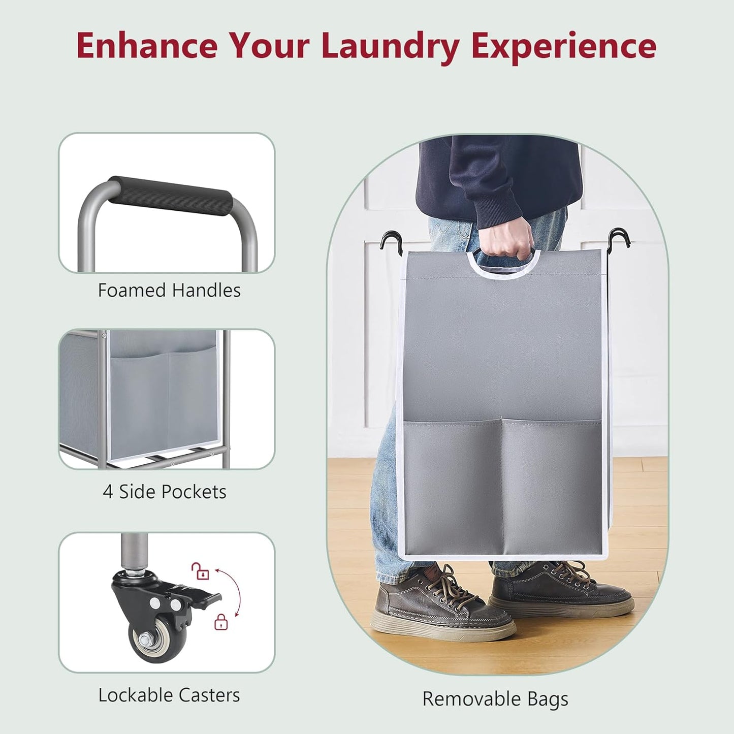 Tajsoon 5 Bag Laundry Sorter Cart, Laundry Hamper Sorter Basket with Heavy Duty Lockable Rolling Wheels for Clothes Storage, Grey & White