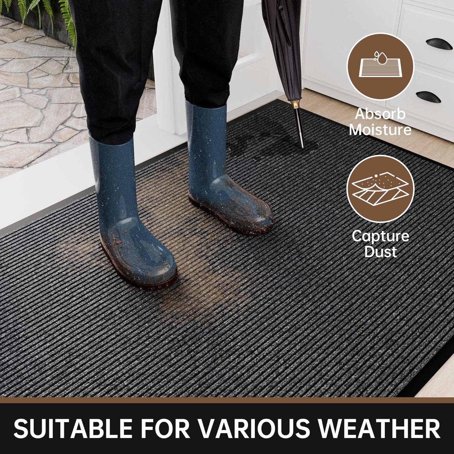 Front Door Mat, 10' x 36" Heavy Duty Indoor Outdoor Doormat, Non-Slip Welcome Mats for Entryway, Rubber Backing Low Profile Commercial Door Mats