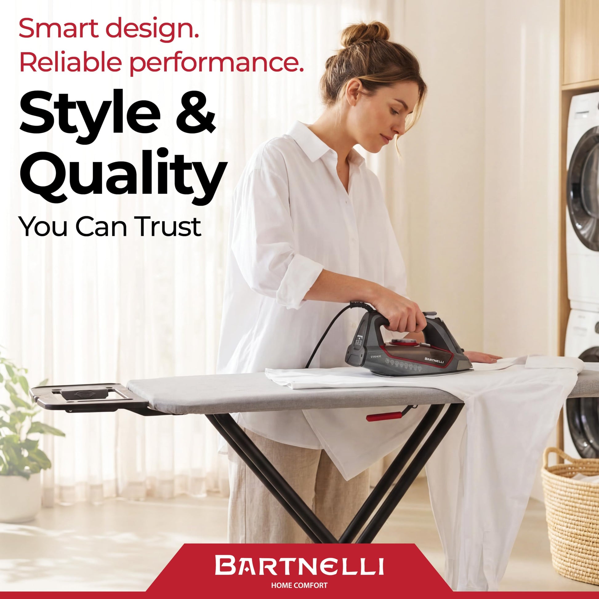 Bartnelli Extreme Stability Ironing Board 43x13 Upgraded Heavy-Duty Metal Frame & Iron Rest, Height