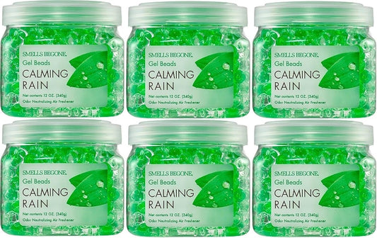 SMELLS BEGONE Odor Eliminator Gel Beads - 12 oz, Pack of 6 - Eliminates Odor in Bathrooms, Cars, Boats, RVs & Pet Areas - Air Freshener - Made with Essential Oils - Calming Rain Scent
