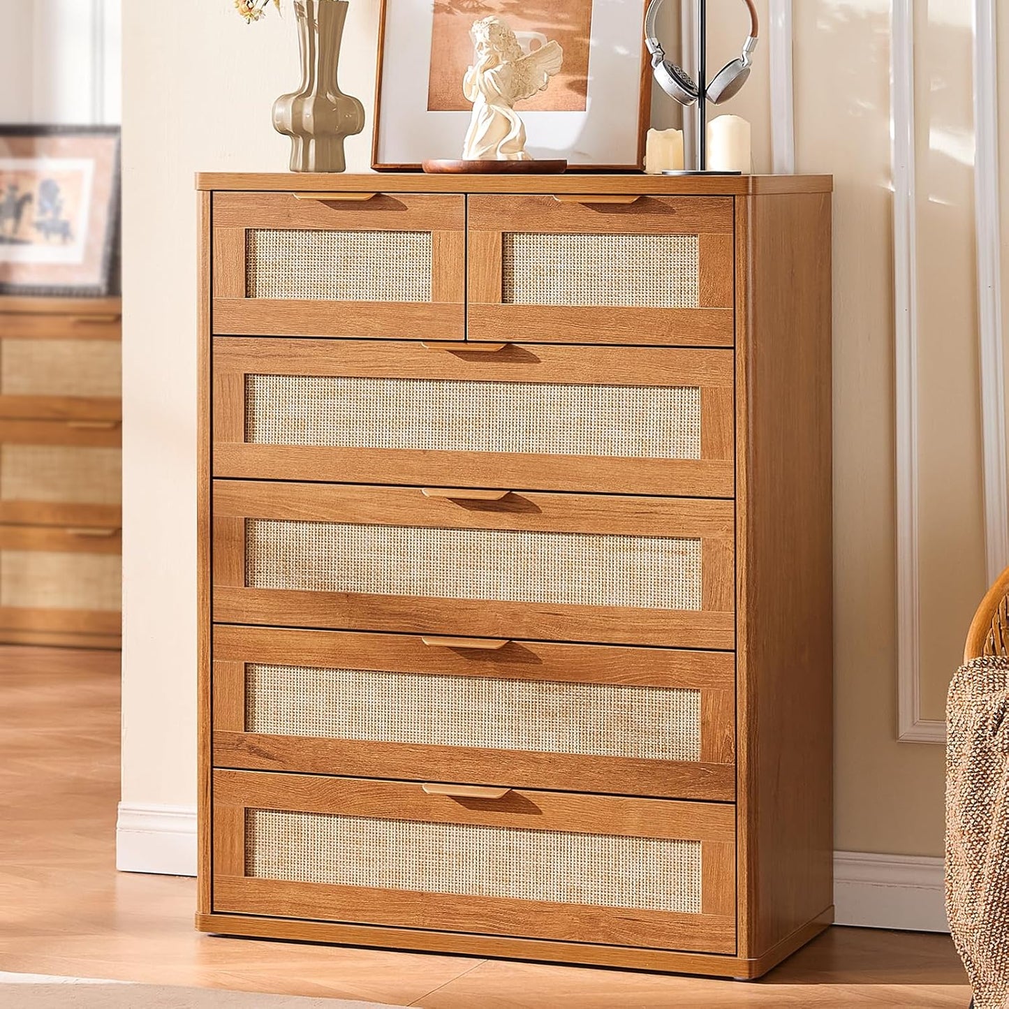 LEYAOYAO Rattan Dresser for Bedroom Set of 2, 42" Tall Chest of Drawers, Modern 6 Drawers Boho Dressers with Storage, Vintage Brown Dresser Wooden Closet Organizer for Living Room, Hallway