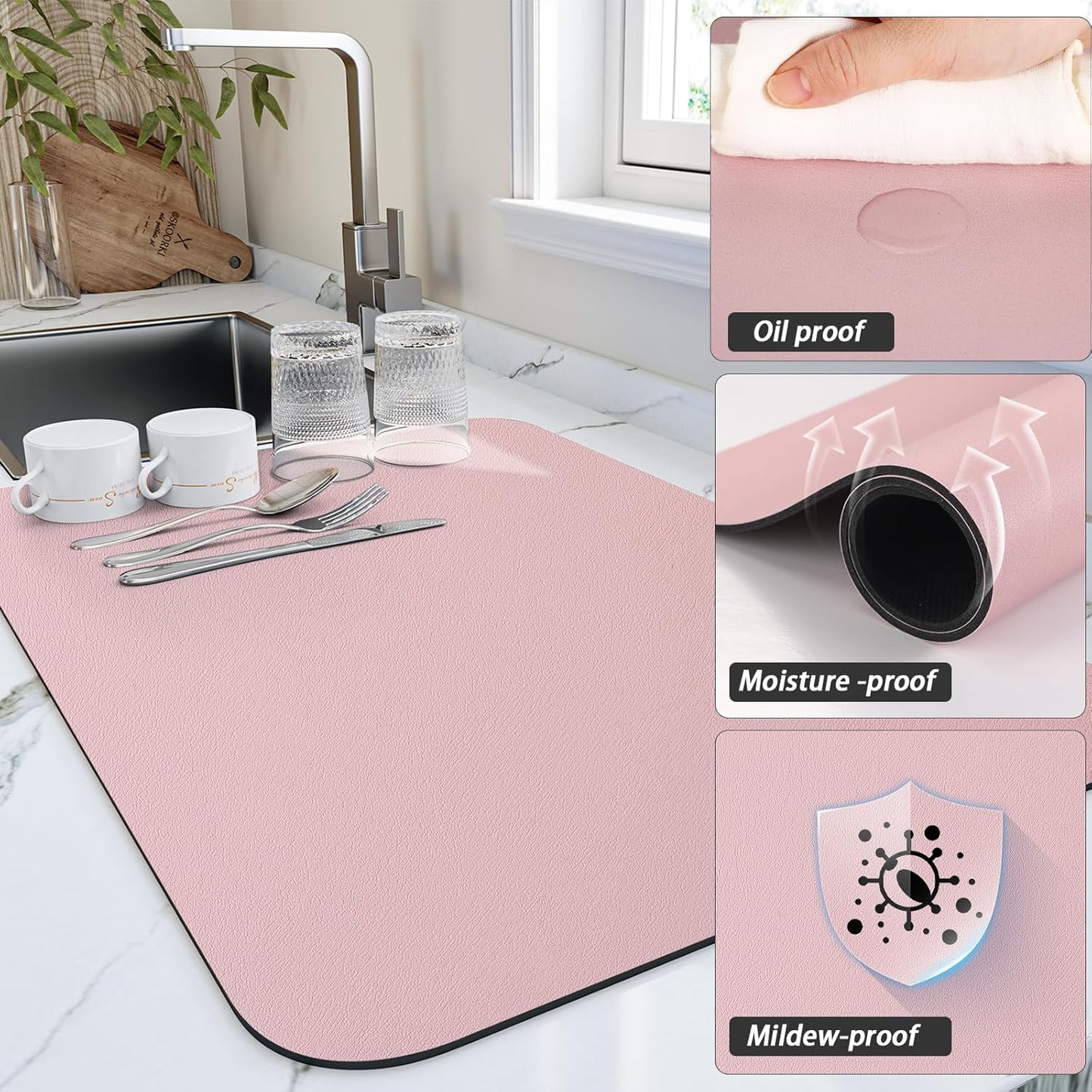 Dish Drying Mat for Kitchen Counter, Heat Resistant Drainer Mats with Non-slip Rubber Backed, Hide Stain Kitchen Super Absorbent Draining Mat, Easy to Clean Dish Rack Pad, Pink 16"x20"