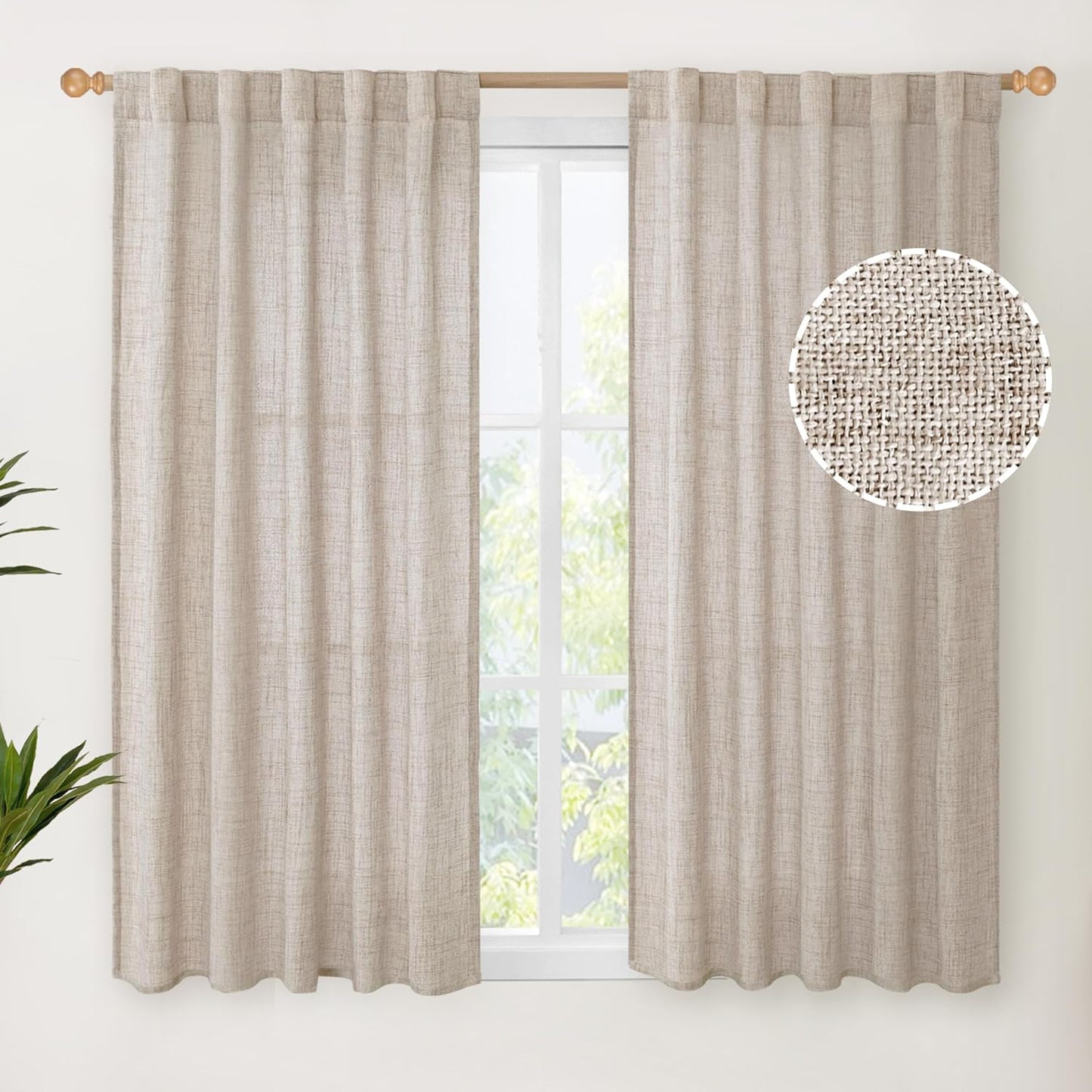 YoungsTex Short Natural Linen Curtains 54 Inch Length for Windows, Semi Sheer Drapes Light Filtering with Rod Pocket Back Tab for Kitchen Bathroom Bedroom, 42 X 54 Inch, 2 Panels