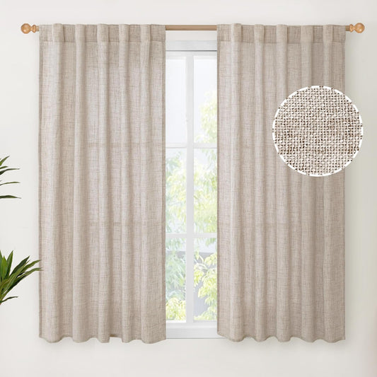 YoungsTex Short Natural Linen Curtains 54 Inch Length for Windows, Semi Sheer Drapes Light Filtering with Rod Pocket Back Tab for Kitchen Bathroom Bedroom, 42 X 54 Inch, 2 Panels