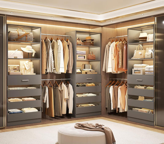 Aheaplus Closet System with 12 Drawers, 8.5-11.5Ft Wood Closet Organizer System with 4 Hanging Rods & 3 Towers, 4Ft & 6Ft L-Shaped Walk-in Closets Wardrobe Organizer Clothes Rack, Set of 3, Grey