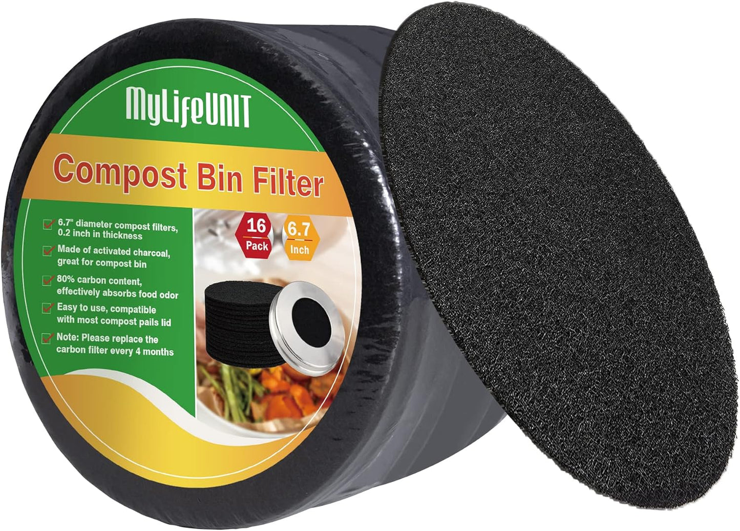 MyLifeUNIT 16 Pack Charcoal Filter for Compost Bin Kitchen, Compost Pail Replacements Filter (6.7 inches)