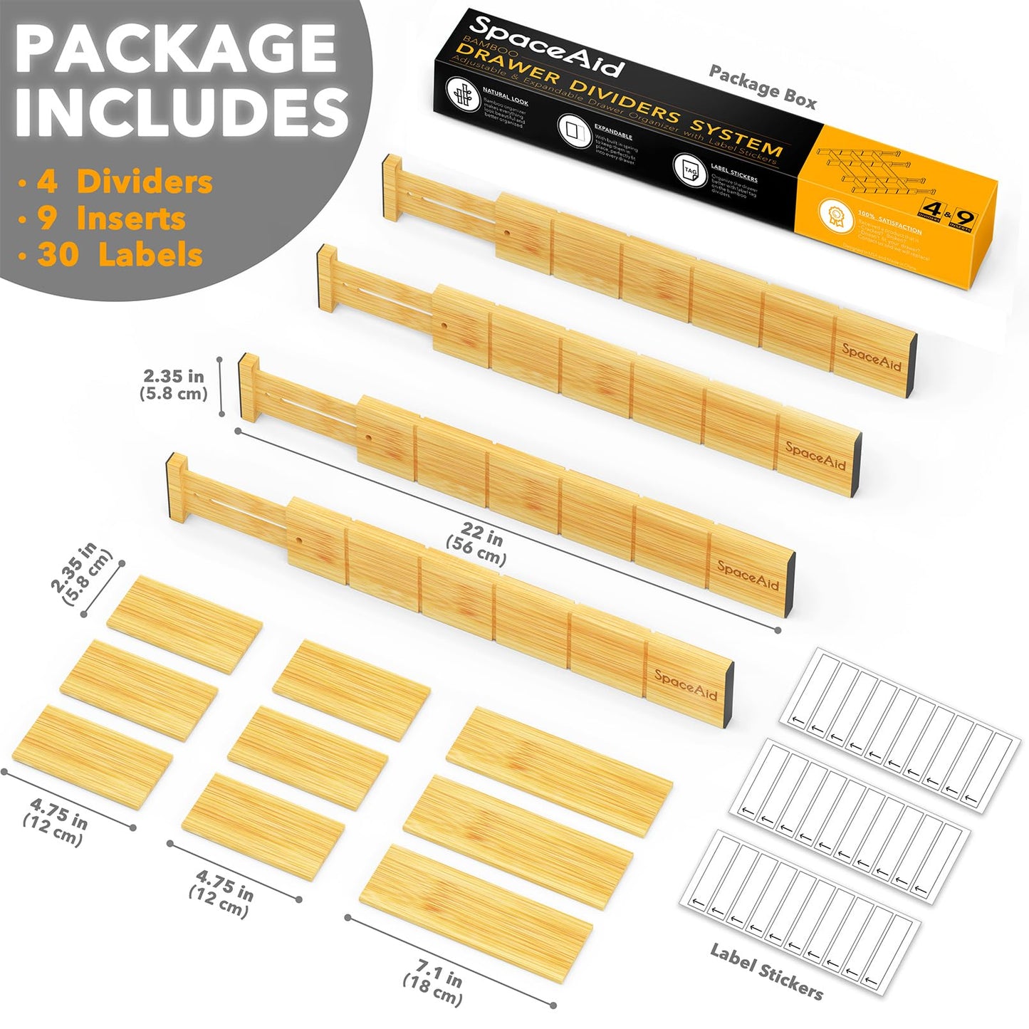 SpaceAid Bamboo Drawer Dividers with Inserts and Labels, Kitchen Adjustable Drawer Organizers