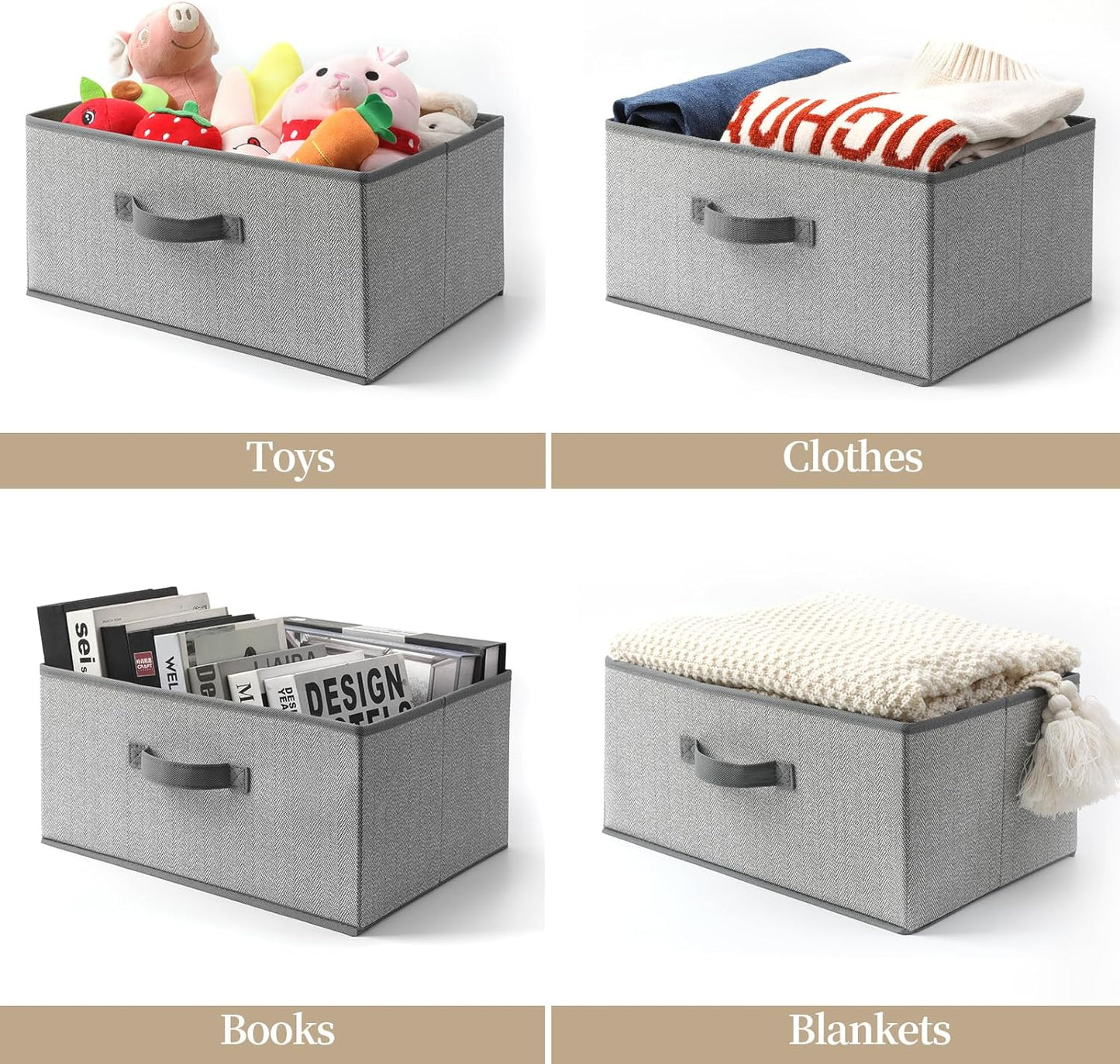 Storage Baskets, 15.7 Inch Woven Fabric Bins, Storage Cubes with Reinforced Handles, Organizer Bins for Closet Shelves, Foldable, for Toys, Clothes, Natural Beige (3PCS/Grey-15.7*11*7.8inch)