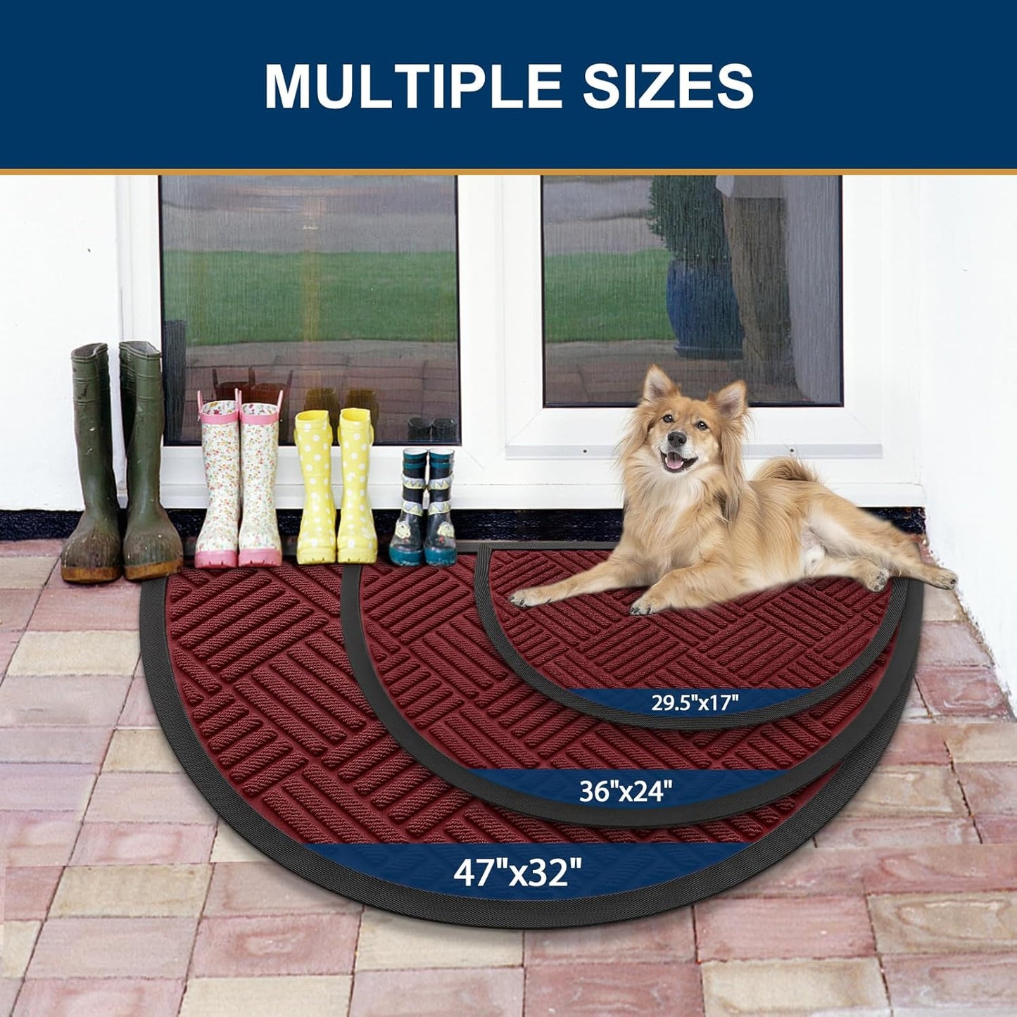 Smiry Half Circle Front Door Mat Outside Entrance,Heavy Duty Outdoor Indoor Natural Rubber Doormat,Non Slip,Trap Dirt and Moisture,Easy Clean,Low Profile Patio Porch Entryway Mat,29.5x17, Wine Red