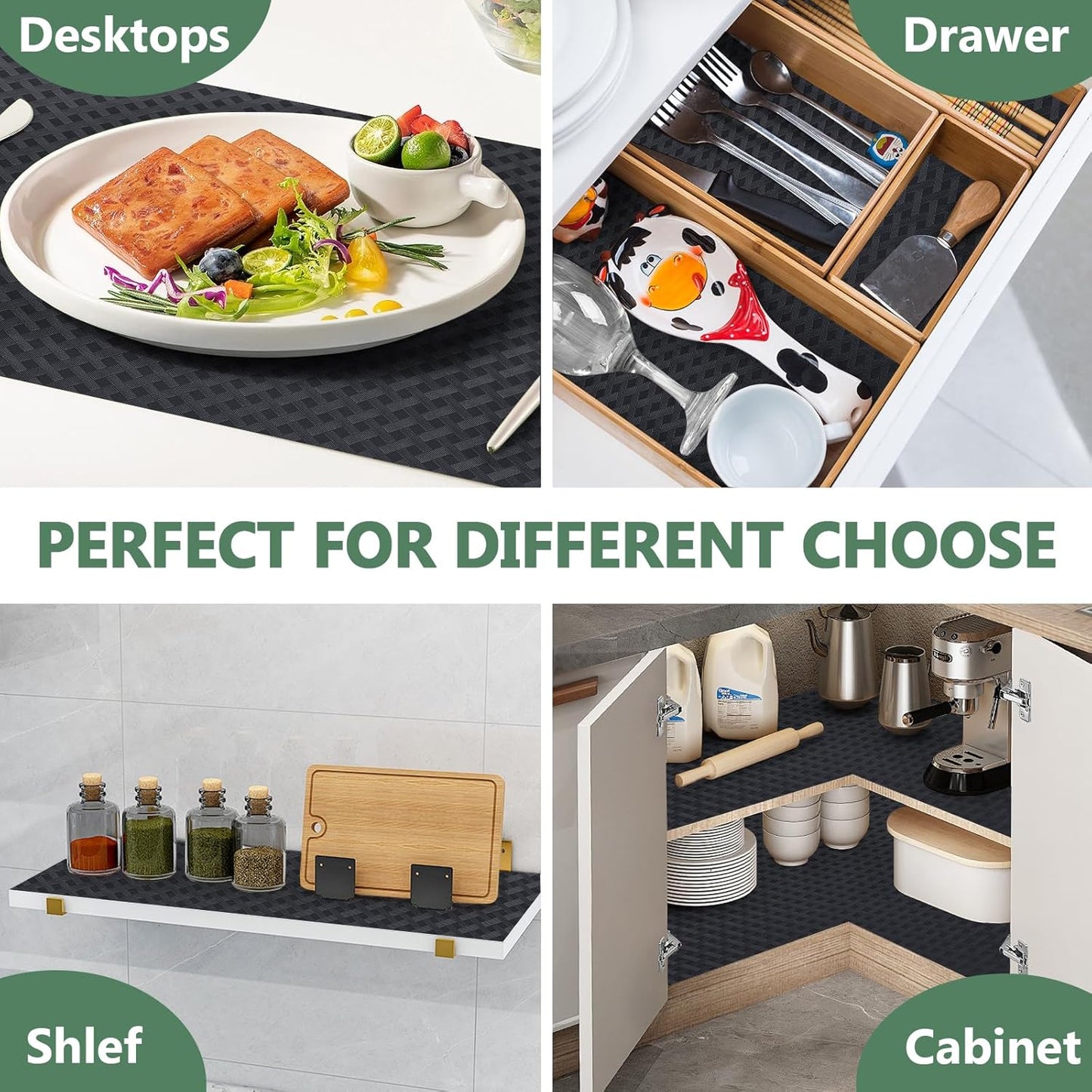 Shelf Liners, Non-Adhesive Drawer Liner, Waterproof & Oil-Proof Kitchen Cabinet Cupboard Liner Plastic EVA Material BPA Free Fridge Liner Mats Paper Protector for Shelves (Black/12in x 120in)