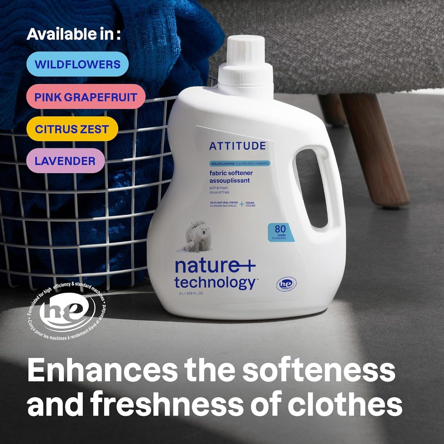 ATTITUDE Liquid Fabric Softener, Plant-Based & Vegan, HE Compatible, Naturally Derived, Wildflowers Scent, 80 Loads, 67.6 Fl Oz