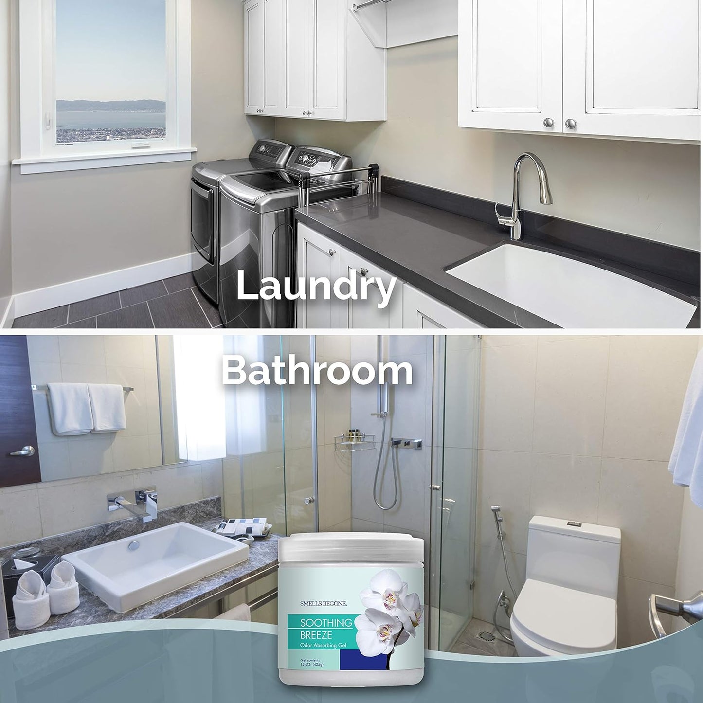 SMELLS BEGONE Air Freshener Odor Absorber Gel - Absorbs Odor from Bathrooms, Cars, Pet Areas, Boats and RVs - Made with Essential Oils - Soothing Breeze Scent - 15 Ounce