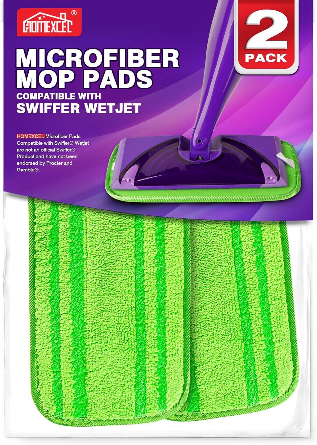 HOMEXCEL Microfiber Mop Pads Compatible with Swiffer Wet Jet,Reusable Machine Washable Swiffer WetJet Mop Pad Refills, Mop Head Replacements for Multi Surface Wet & Dry Cleaning, Pack of 2