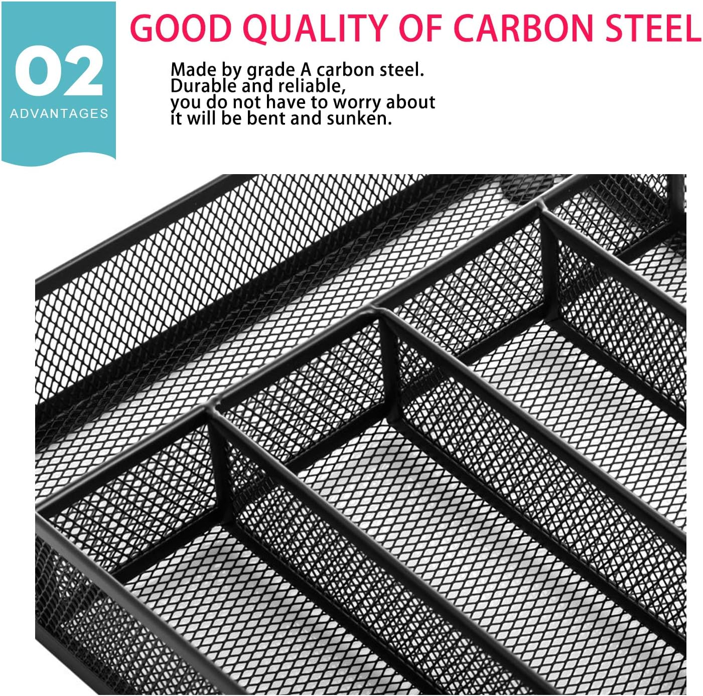 JANE EYRE Utensil Drawer Organizer, Cutlery Tray Silverware Flatware Storage Divider for Kitchen, Mesh Wire with Non-slip Foam Feet, 5 Component, Black