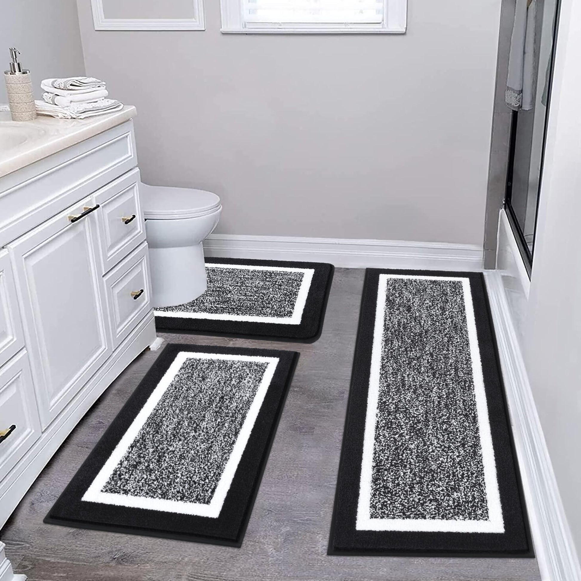 Pauwer Bathroom Rugs 3 Piece Set, Non Slip Washable Bath Mat, Black