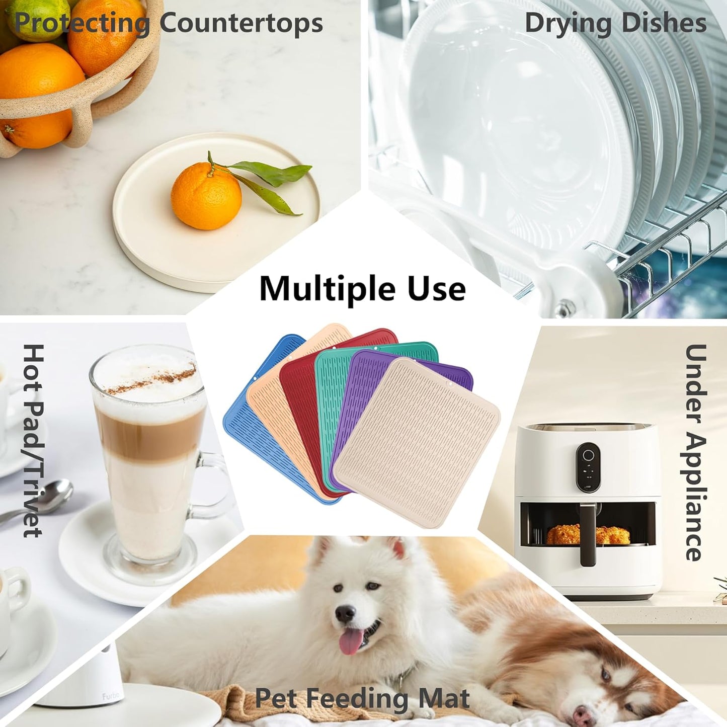 ZLR Silicone Dish Drying Mat for Kitchen Counter, Eco-Friendly Fast Dry Dish Mat, Easy Clean Multi Usage Drying Matt, Heat Resistant Trivet, 16" x 18" XL, Lichen Blue