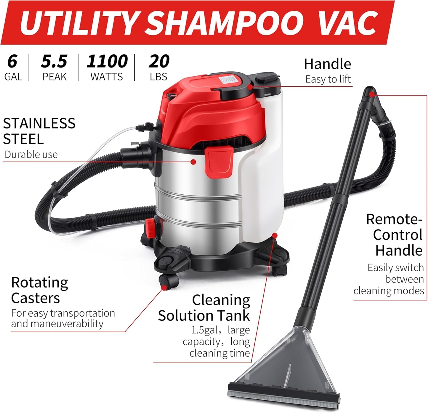 Shop Vacuum Wet and Dry, 6 Gallon, 5.5 Peak HP Power Suction, 3 in 1 Stainless Steel Shop Vac with 4.5L Upholstery Shampoo Tank, Water Vacuum Cleaner Carpet Extractor (Red)