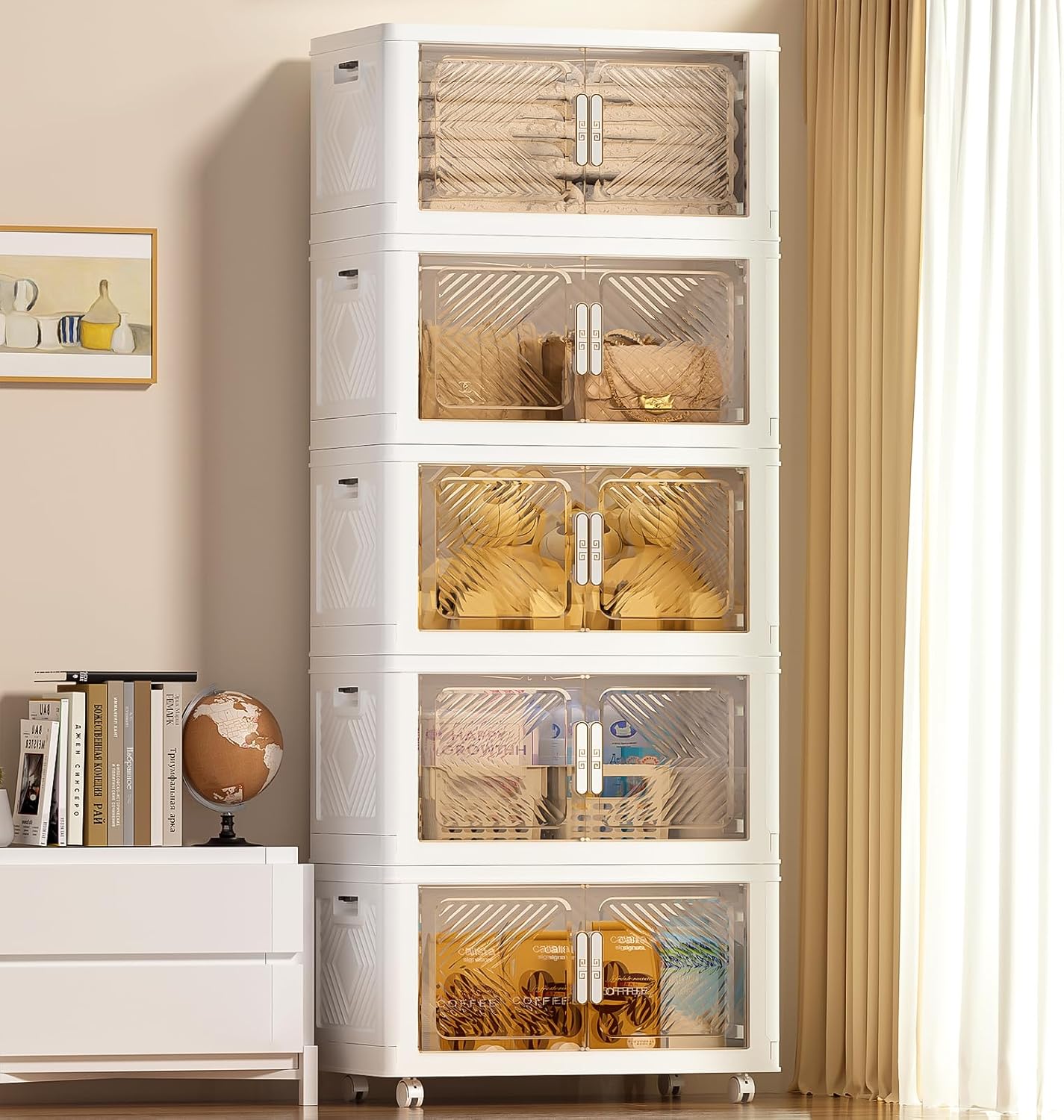 Storage Bins with Lid 76QT, Stackable Storage Containers with Wheels and Magnetic Doors, Plastic Clothes Closet Organizers and Storage Box for Pantry, Home and Office (5 Pack)