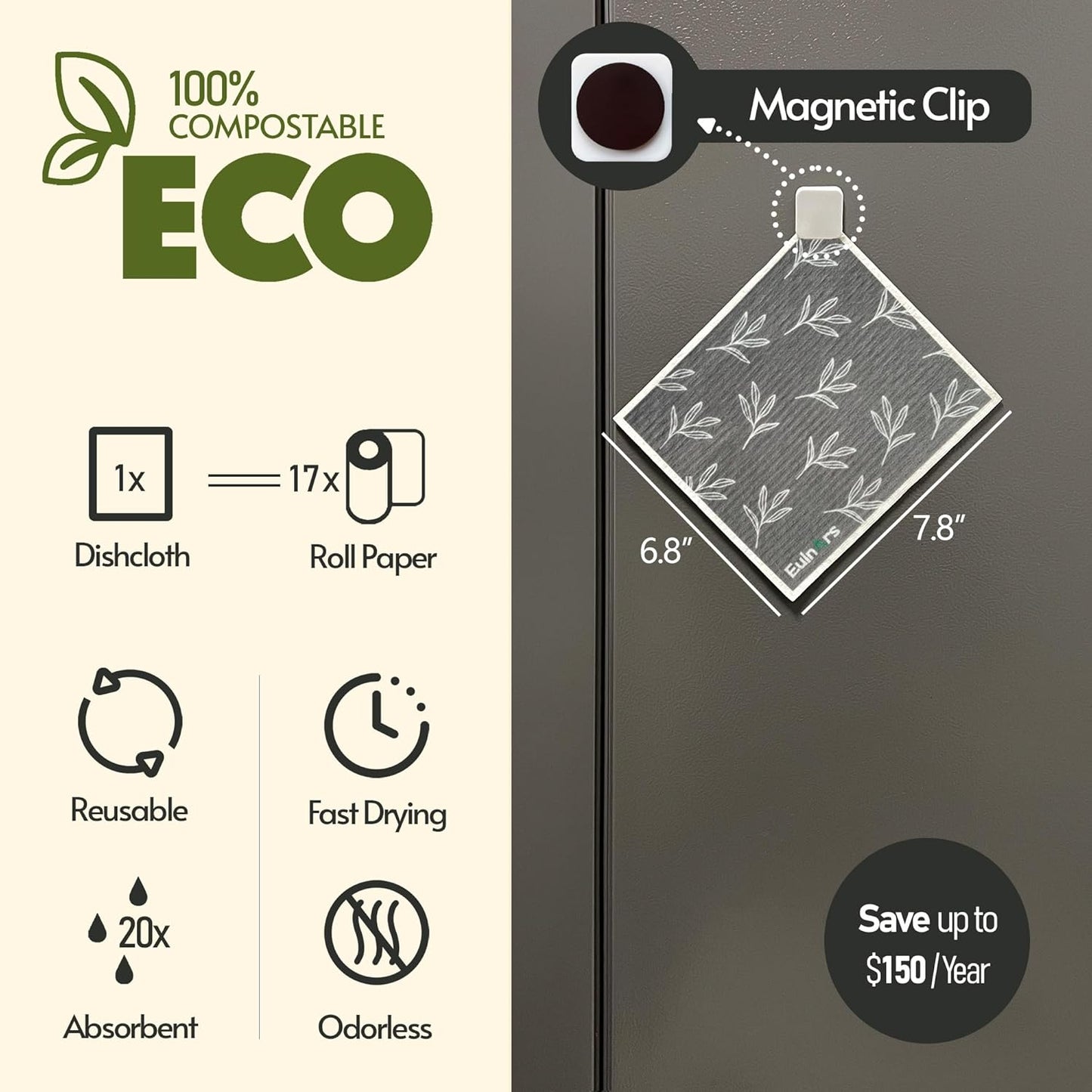 Swedish Dishcloths, 8 Pack Reusable Paper Towels with Clips, Quick Drying Dish Towels, Super Absorbent Cellulose Sponge Cloths, No Odor, Kitchen Cleaning Essentials