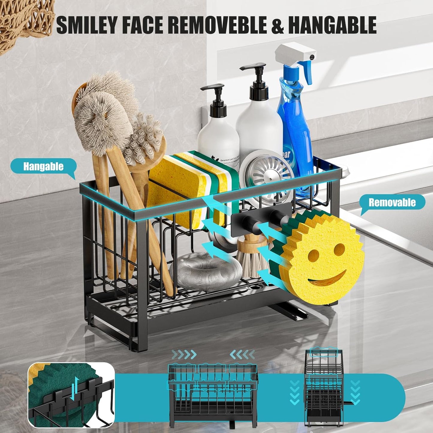 Sponge Holder for Kitchen Sink with Flexible Sink Caddy Smiley Face,2 Tier Kitchen Sponge Holder Countertop and Storage Essentials,Soap Dispenser Organize,Home Decor Accessories-Black