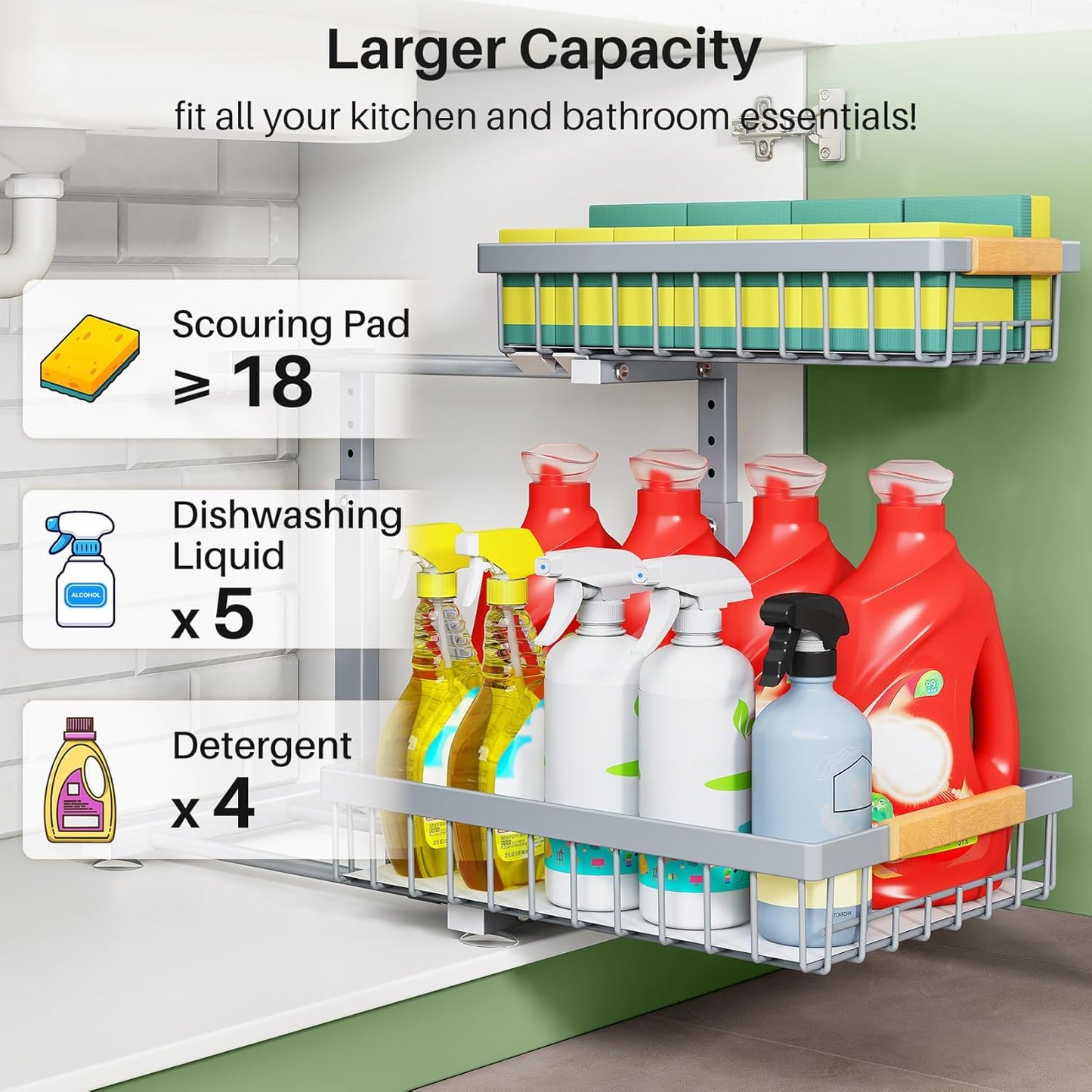Pull out Cabinet Organizer, 1 Pack Under Sink Organizer, Slide out Metal Kitchen Cabinet Organizers Drawer Shelf, Sliding Storage Shelves for Kitchen Bathroom Pantry Closet Organization Rack(Grey)