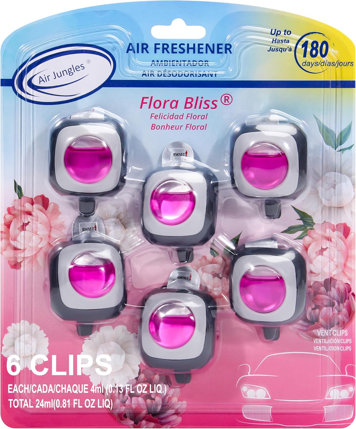 Air Jungles Flora Bliss Scent Car Air Freshener Clip, 6 Vent Clips, 4ml Each, Long Lasting Air Freshener, Up to 180 Days Car Refresher Odor Eliminator