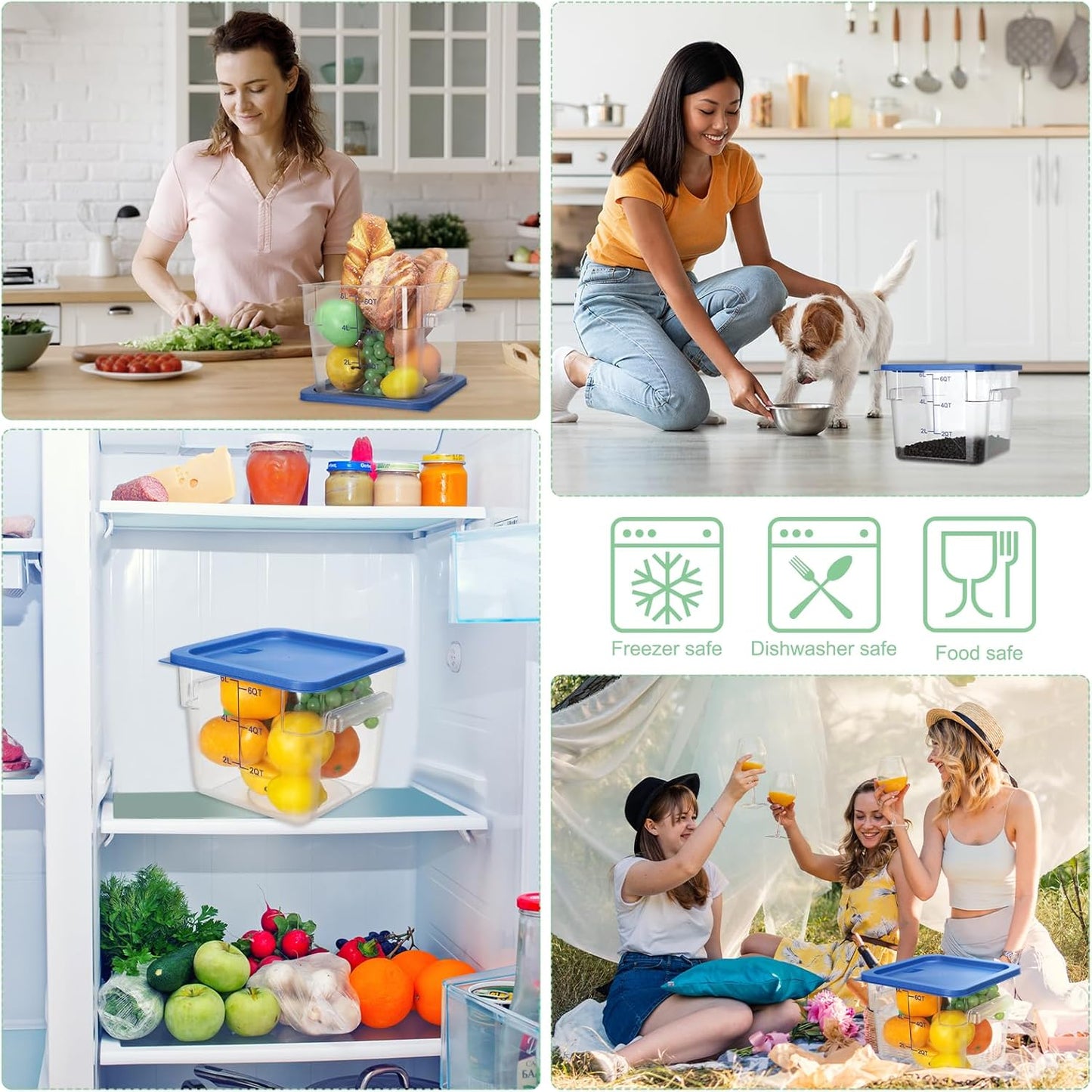 Lallisa 8 Pack 6 Qt Commercial Food Storage Containers with Lids Square Food Storage Container Clear Cereal Storage Containers for Kitchen Freezer Pantry Restaurant Flour Sugar(Blue Lids)