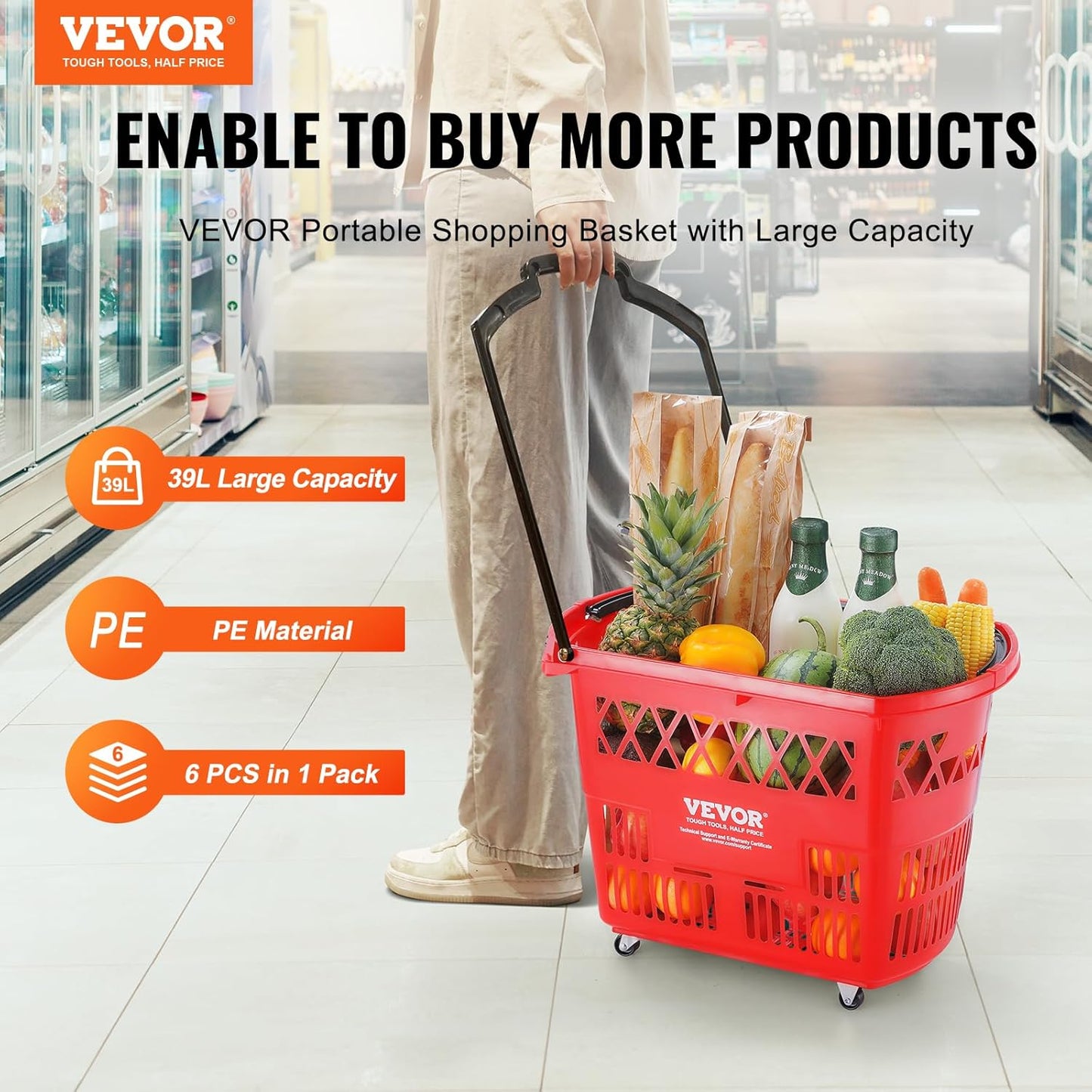 VEVOR Shopping Carts with Handles, 6PCS, 39L Plastic Rolling Shopping Basket with Wheels, Large Portable Shopping Basket Set for Supermarkets, Retail Stores, Grocery Shopping, Red