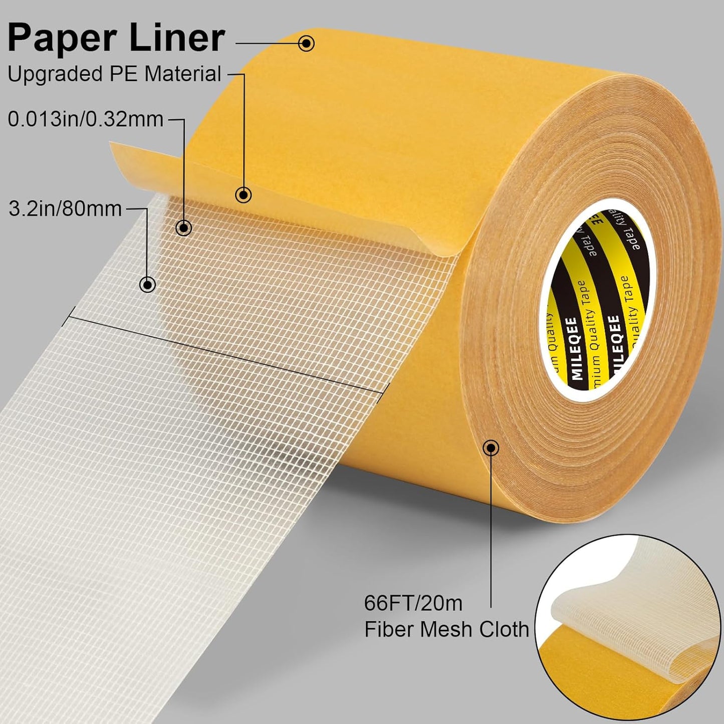 Double-Sided Tape Strong and Tough, Extra Large 3.2in x 66FT(20m), Durable Duct Cloth Carpet Rugs Fiberglass Mesh Tape, High Stickiness 2 Sided, Multipurpose Removable Residue-Free, Easy Tear