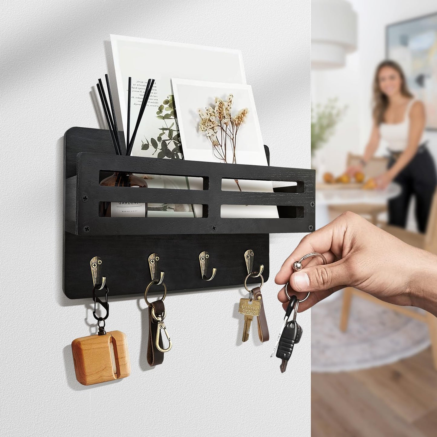 KISENG Key Holder Wall Mount, 10 inch Decorative Key and Mail Holder for Wall, with Mail Organizer