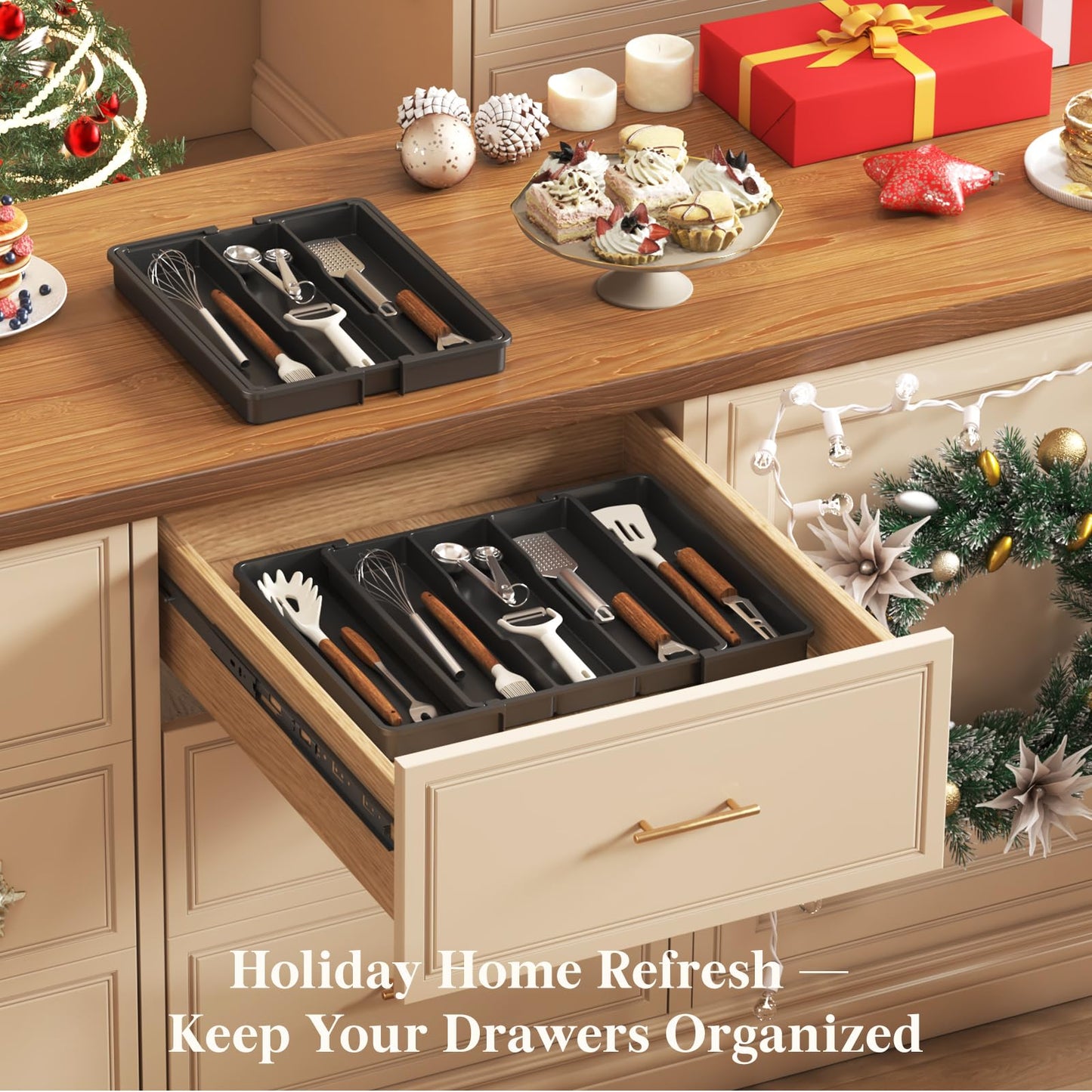 Lifewit Utensil Organizer for Kitchen Drawers, Expandable Cooking Utensil Tray, Adjustable Cutlery