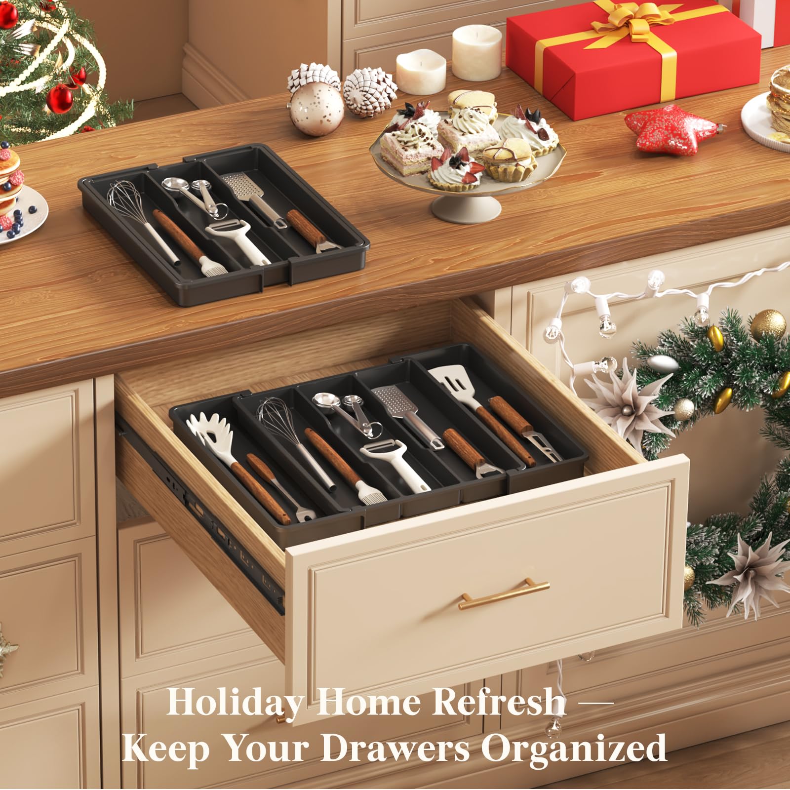 Lifewit Utensil Organizer for Kitchen Drawers, Expandable Cooking Utensil Tray, Adjustable Cutlery