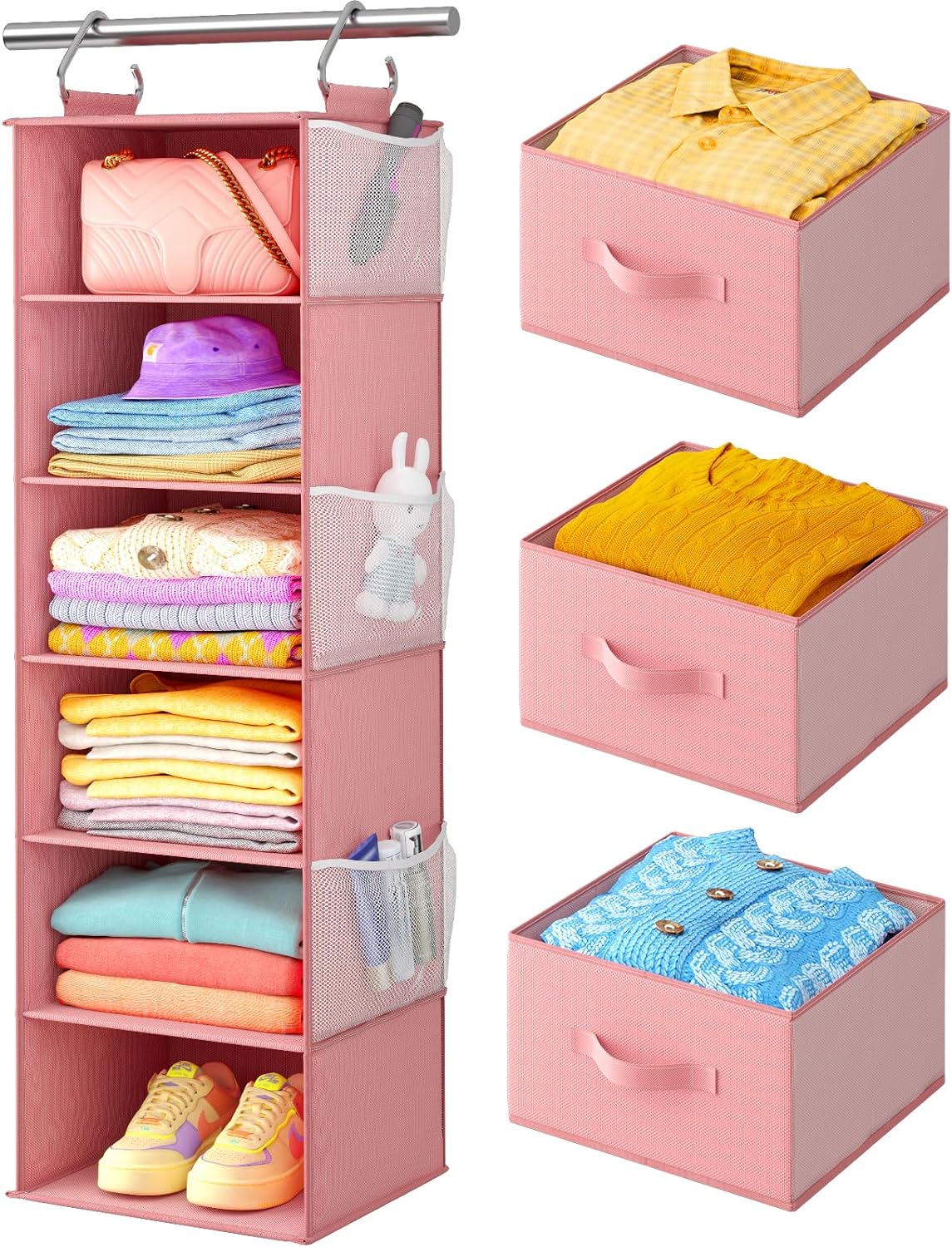 Pipishell Hanging Closet Organizer 6-Shelf, Hanging Shelves for Closet with 3 Removable Drawers & Side Pockets, Hanging Shelf Organizer for Bedroom or Garment Rack, 12'' x 12'' x 43.3'', Pink